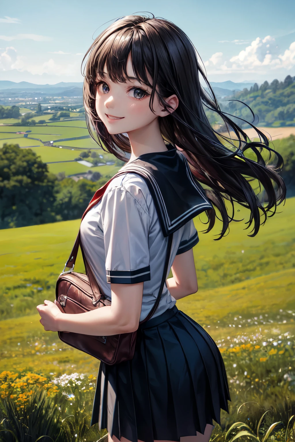 very cute and beautiful girl,(highly detailed beautiful face and eyes),(smile),happy,looking at viewer,
black hair,serafuku,short sleeve,(pleated navyblue mini skirt),standing,holding school bag,
countryside,hilltop,grassland,tiny flower field,distant ocean background,
(best quality,masterpiece),absurdres,highres,ultra-detailed,extremely detailed,32k,8k resolution,
intricate details,cinematic scene,detailed background,solo,dynamic angle,perfect hands,