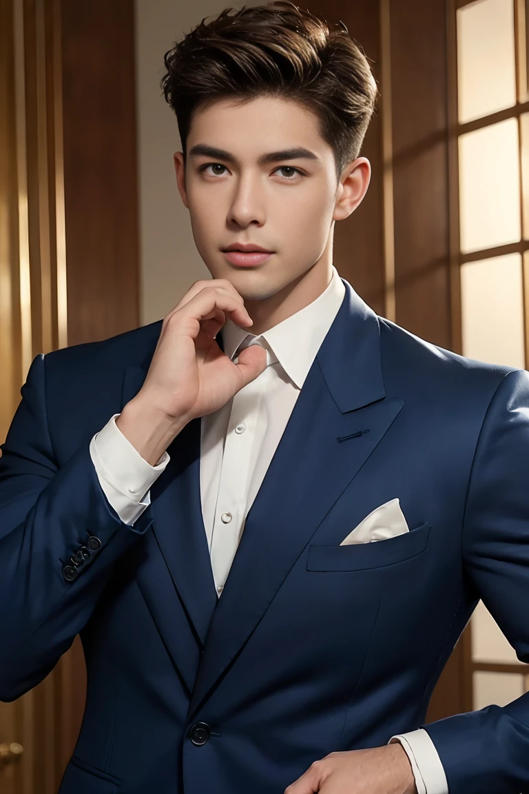 Ultra wide angle,((masterpiece)),((best quality)),8K,High Detail,Very detailed, 2 handsome muscular boys,Very manly,golden brown eyes,Stylish short hair,Vivid male image, fashion pose, masculine expression,Real skin texture, ((Perfect hand details)),((Real and complete hand details)),Naked in a suit,
Royal blue style couple,White male model photos,whole body
