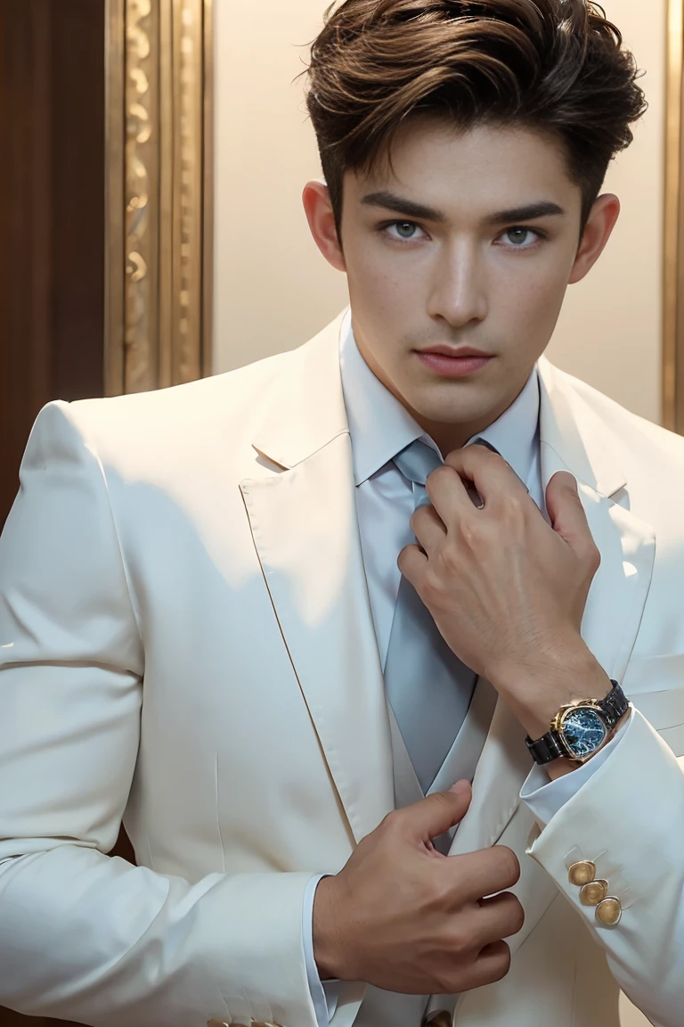Ultra wide angle,((masterpiece)),((best quality)),8K,High Detail,Very detailed, 2 handsome muscular boys,Very manly,golden brown eyes,Stylish short hair,Vivid male image, fashion pose, masculine expression,Real skin texture, ((Perfect hand details)),((Real and complete hand details)),Naked in a suit,
Royal blue style couple,White male model photos,whole body