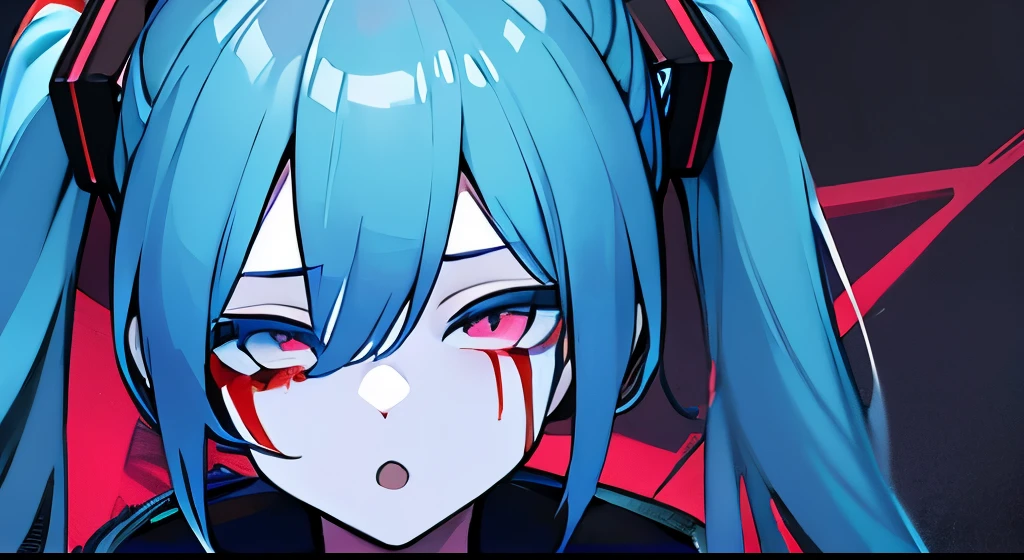 Embrace yourself、Blood splatter、Blue Face、Blue Skin、Hatsune Miku、zombie、Red eyes、Blue Face、Blue Skin、Blooded,Gray Hair,sad,(Blue Skin:1.1),blue eyes、Hatsune Miku、ruins