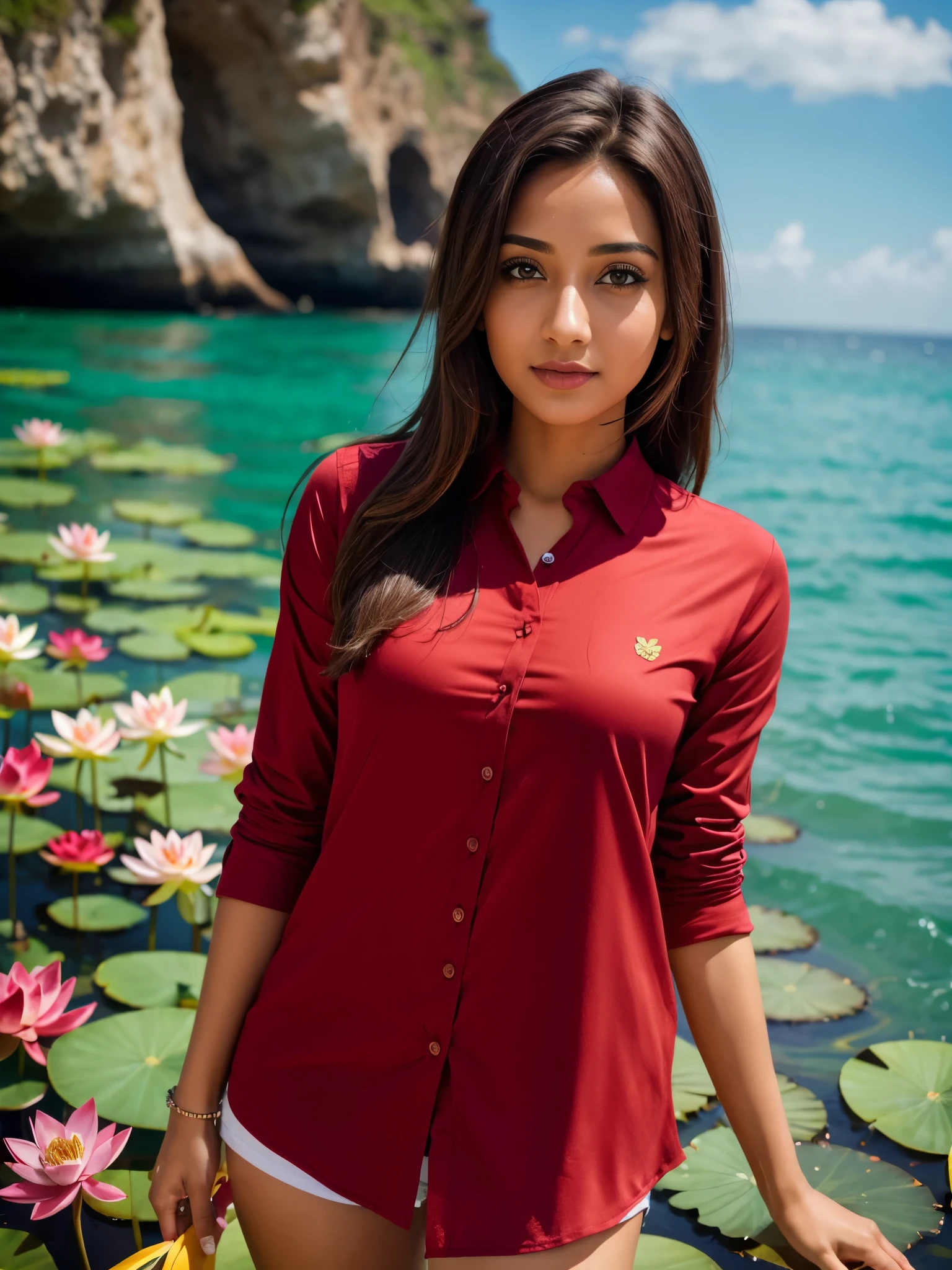Samia, girl, solo, shirt, looking at you, face, perfect, flowers, high quality, radiant, knight, godly, red shirt, red velvet, water, ocean, lotus
