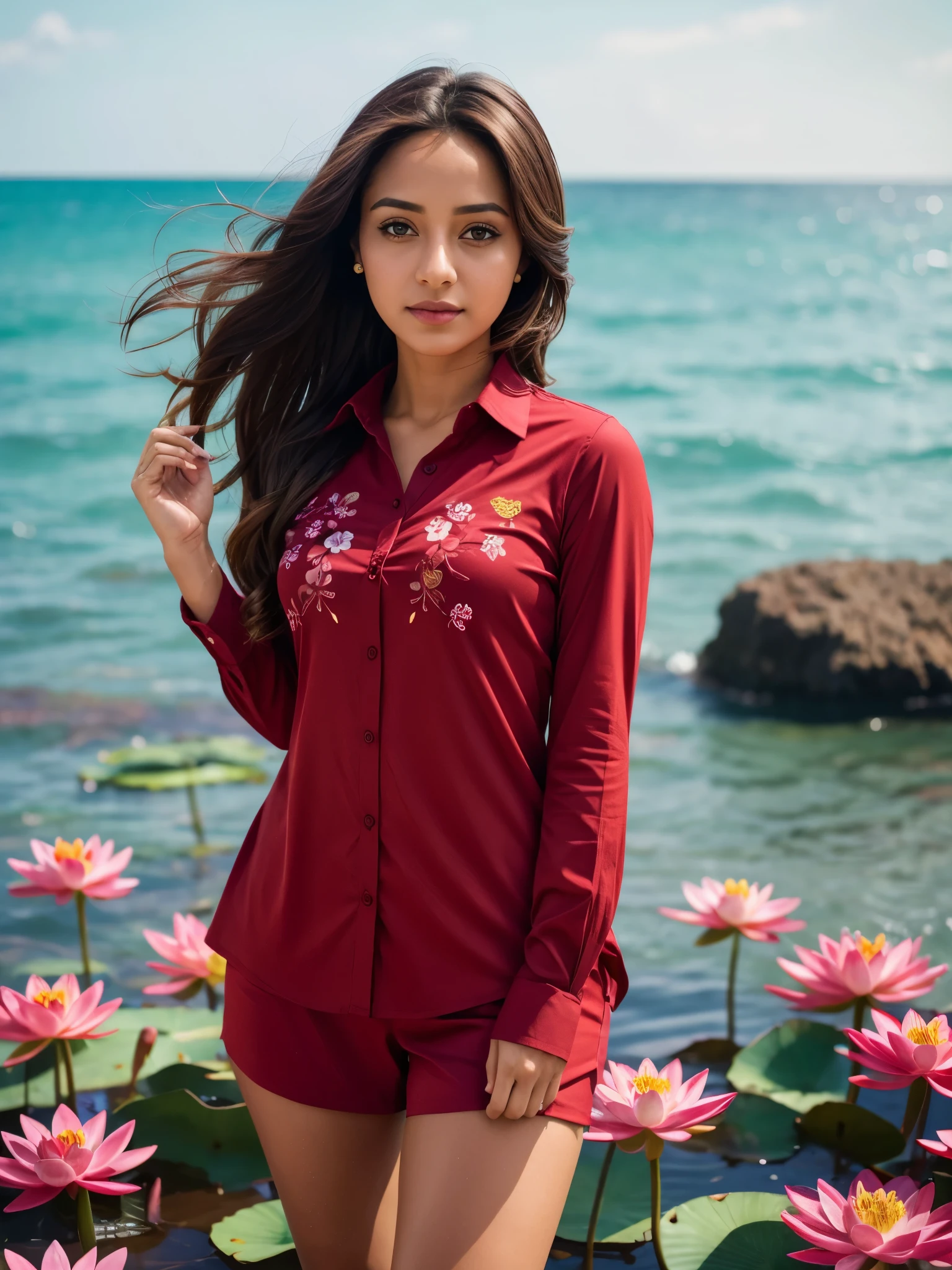 Samia, girl, solo, shirt, looking at you, face, perfect, flowers, high quality, radiant, knight, godly, red shirt, red velvet, water, ocean, lotus