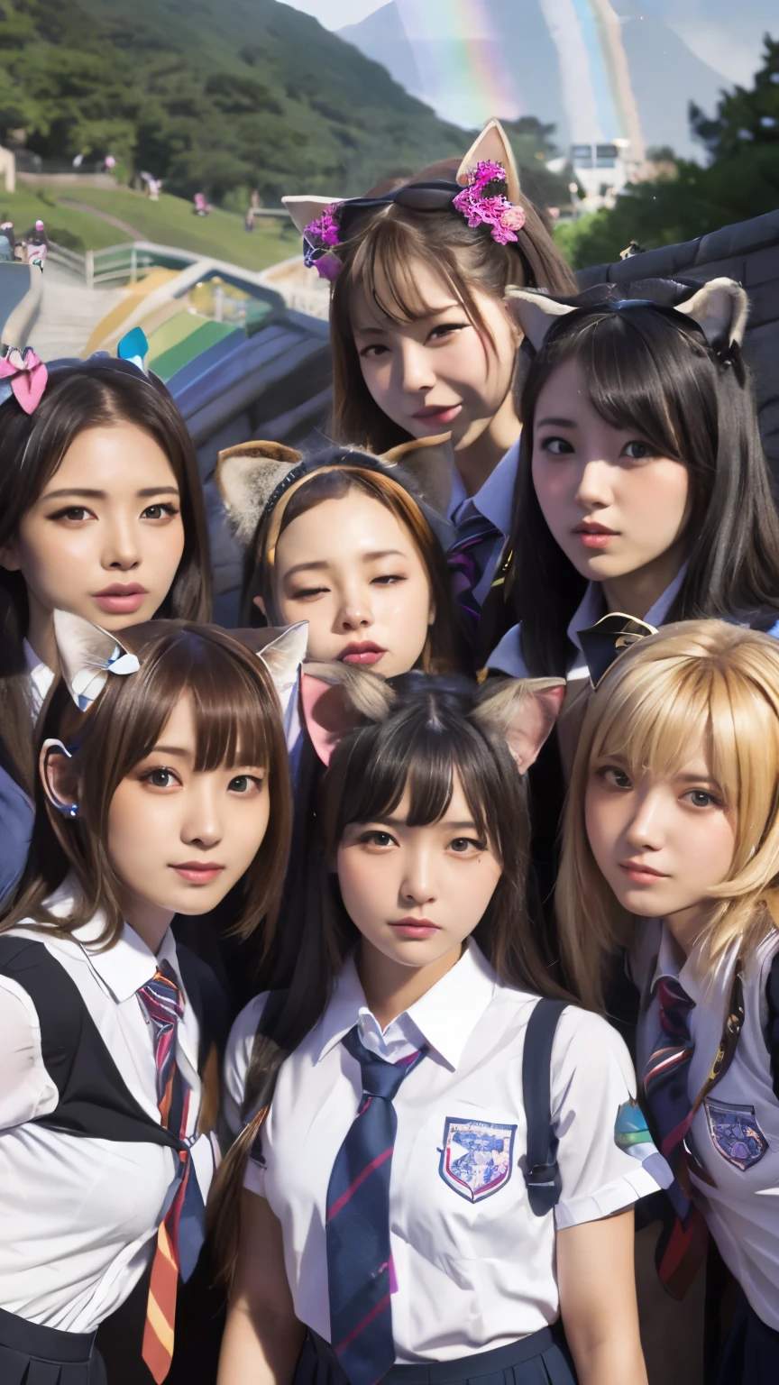 Masterpiece, 4k, Bokeh, beautiful face, Harem, (multiple girls:1.4), (Group Photo:1.5), (Cat ears:1.3), (bob hair:1.3), looking at the viewer, (rainbow:1.3), (Slope:1.8),(school uniform:1.4), closeup