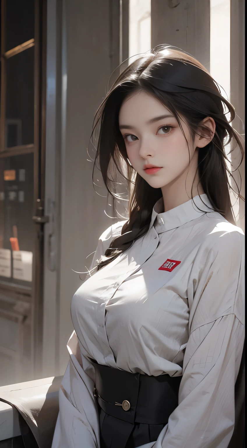 (One girl:1.3), alone, __Body parts__ Delicate and realistic skin, Pale skin, big, Official Art, Unified 16k wallpapers, Super detailed, beauty and aesthetics, beauty, masterpiece, highest quality, In Cyberpunk City, Great atmosphere, A calming color palette, Peaceful mood, Soft Shadows, Flight attendant uniform, Glamour, huge firm boucing bust