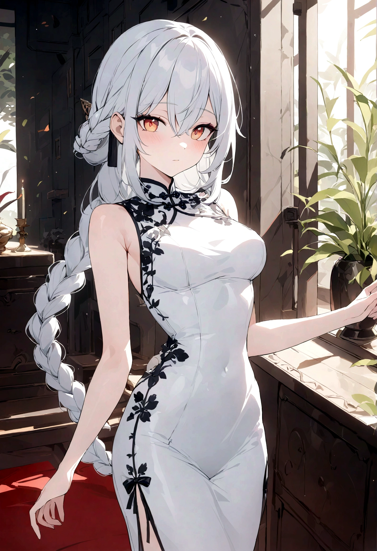 Genshin Impact，Shen He，girl，Cold and beautiful aunt，A long white braid，Perfect body，Black and white Chinese cheongsam，Dignified and intellectual，Second Dimension，Octane Rendering，masterpiece，Highest quality，Ultimate details,8K resolution