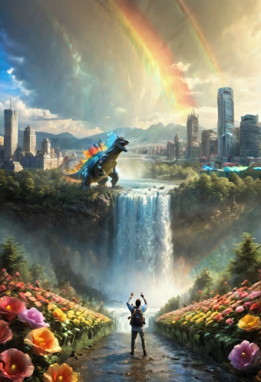 Happy city, buildings whit waterfalls, blue sky, giant rainbow in the sky, godzilla, Shooting flowers from its mout, happy people take a photo