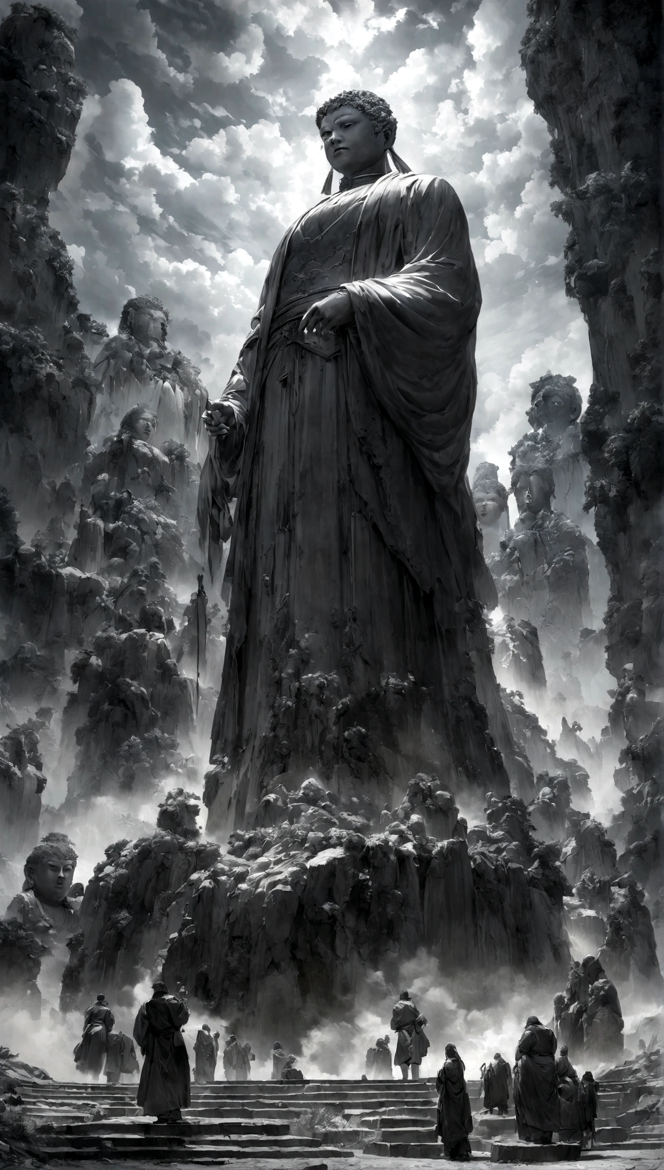 ((masterpiece))，(最high quality))，Chinese style，In the sky, Clouds form a giant statue of Maitreya Buddha，Gazing at Earth，Standing Buddha statue，The light shines，Glow effect，Pilgrims&#39; Path，Surreal，Ultra-photorealism，real photography，8k，High resolution，high quality，Masterpieces，Ultra-fine，Chinese black and white ink style，（（（White））），Decolorization，Dirt，ink，8k，Ultra-fine，high quality，（（（OC Renderer）））