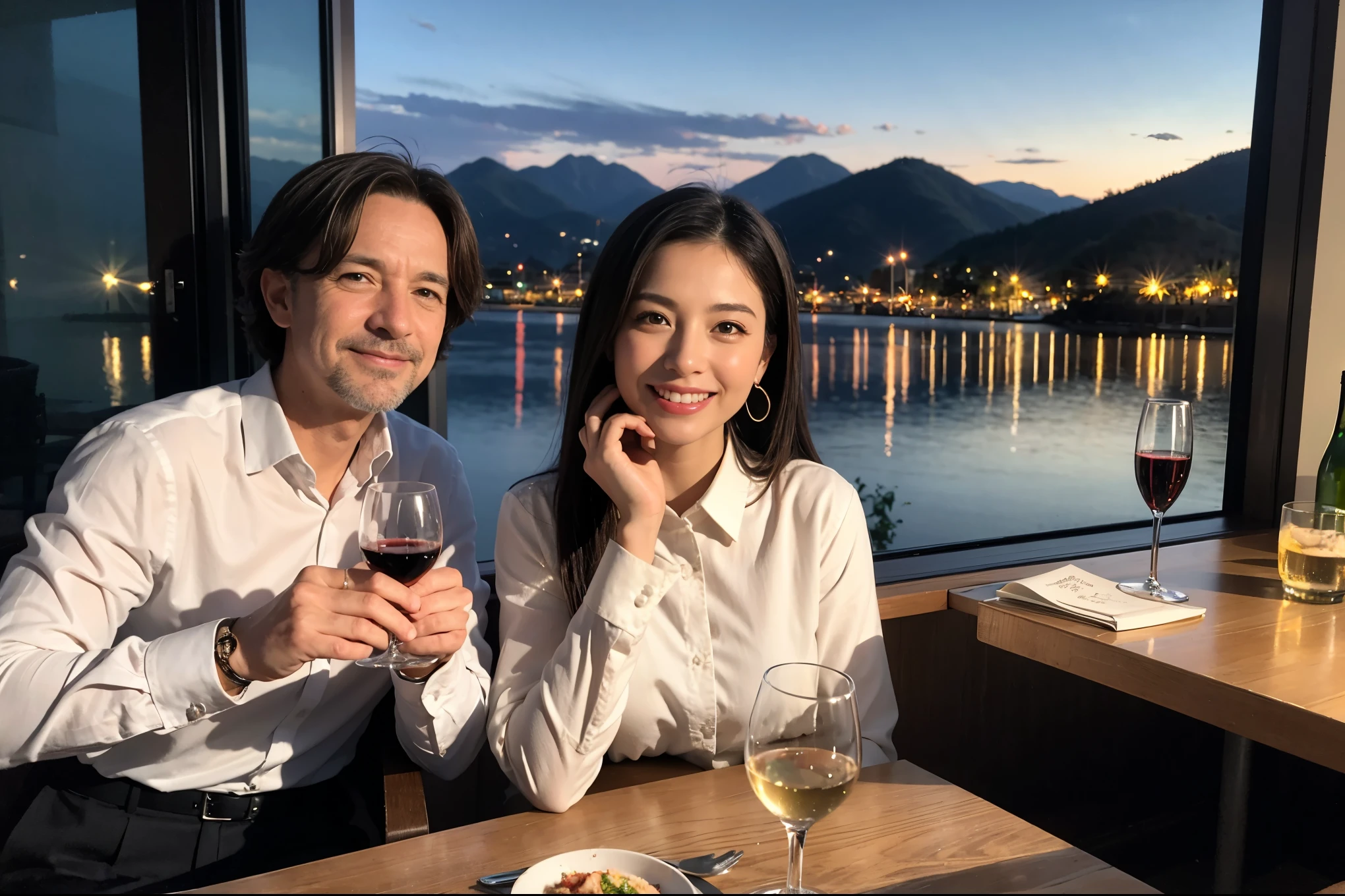 ((highest quality、8k、masterpiece:1.3))、1 male、1 female、Spouse、Beautiful couple、smile、 (Slim face), (the body is スリム), (Brown Hair), (Shortcuts), ((Bob Hale、Straight hair:1.2)), テーブルの上のwine glass、Please shine a light on my face、 Amazing view of the sunset sky and clouds、Amazing mountain views、smileの美しさ、Bright image、Blushing, Shortcuts,Bright Face、 (Age 35), 39 years old, red wine 、Appetizers、Italian food、Wine bottle、Champagne、sparkling wine、Long sleeve shirt、dress、Attractive beauty、restaurant, Nova Frog Style, actress, model, Upper Body, White wine, red wine, wine glass,