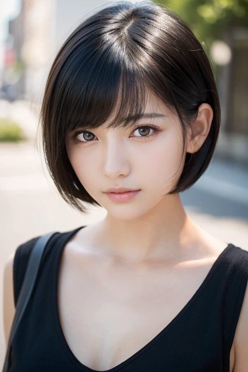 (High resolution:1.3), (16k, Photorealistic, Raw photo, Best image quality: 1.4), Japanese, (One Girl), Beautiful Face, (A vivid face), (Black-haired、short hair:1.3), Beautiful Hairstyles, Realistic eyes, Beautifully detailed eyes, (Realistic Skin), Beautiful skins, attractive, 超A high resolution, Surreal, High detail, Golden Ratio, Highly detailed cute girl,(20-year-old),  seminude, thigh