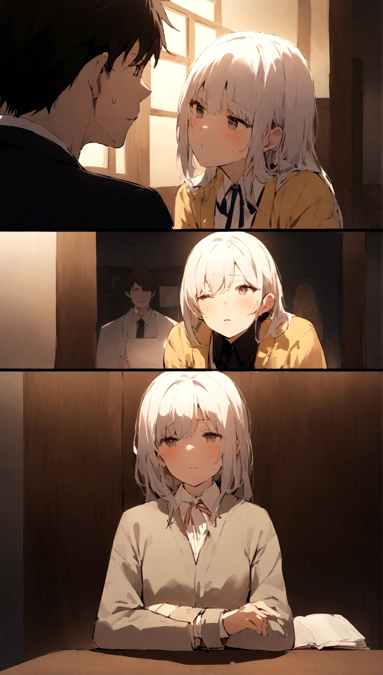 There are two people。Male teacher and female student。The location is a Japanese school。The girl is just studying normally.。The teacher looks at the girl from behind with a disgusted look on his face.。The atmosphere is dark。The man is standing。Girl is sitting