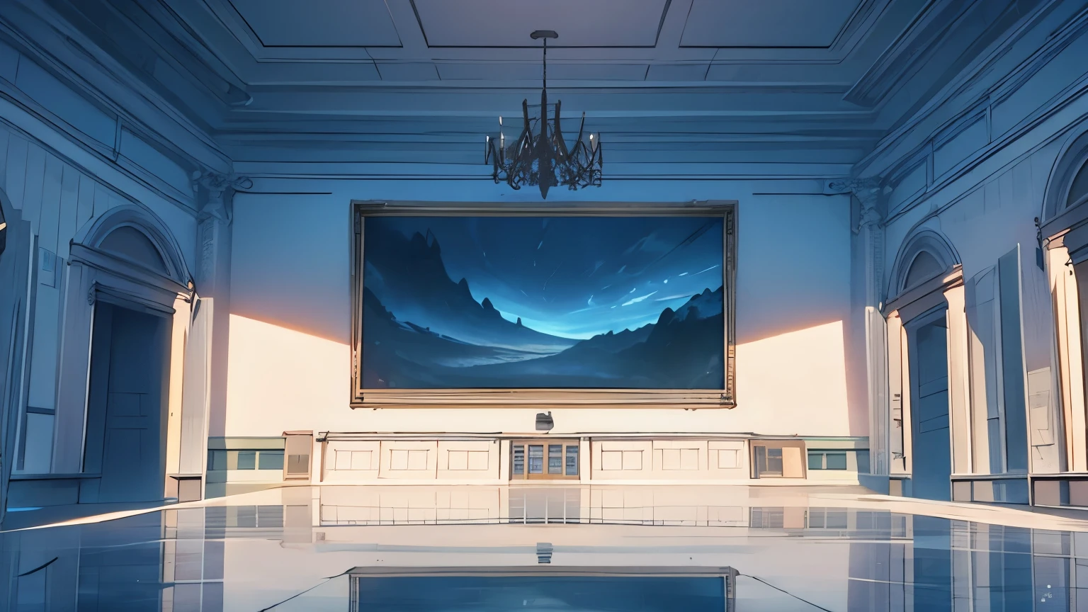 A mysterious museum,A large painting hung on the wall in the center of the screen,The large picture takes up half the screen.,rectangle,The frame is white,The walls are white,The floor is white,