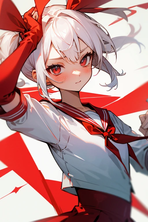 Short white hair, blush, CA.Headbang 2.、Red clothes、Twin tails、sharp、、Save a face image、Sailor suit、The ribbon is red、