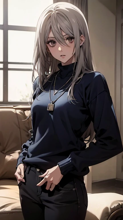 (Confused, High resolution, Very detailed), 1 female, Silver Hair,Long Hair,Reddish brown eyes,Navy blue sweater,Jacket,Black skinny pants,24th generation,beauty,mature,thin,quiet,Calm,talk,sofa,Mug,Navy blue sweater,Dog Tag Necklace