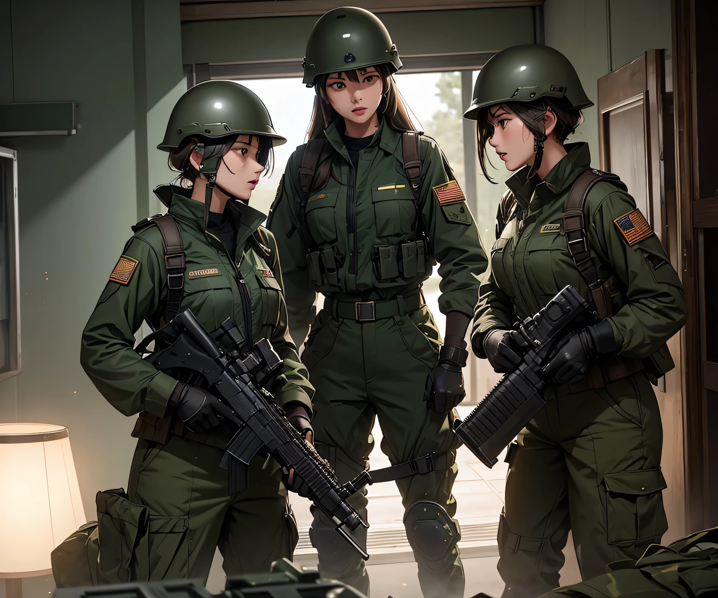 Three female soldiers attacking with bare hands、Wearing dark green M-51 military uniform、A complete set of individual equipment、front、Put on a helmet、Military Pants、Interior corridors、Write details、masterpiece、best quality、Highly detailed CG、8K quality theater lighting、lens flare、