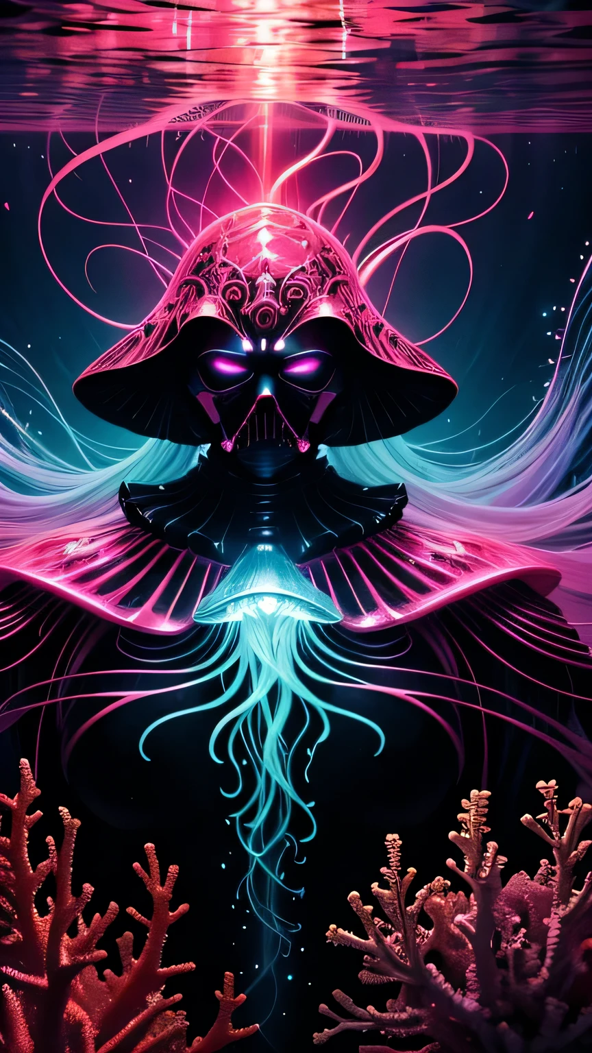 A breathtaking RAW photo of a ghostly jellyfish, featuring a captivating blend of black and pink colors. The jellyfish appears to be wearing a helmet-like structure, reminiscent of Darth Vader's, while emitting a mesmerizing aura. The marine creature is intricately detailed, with golden filigree and organic tracery that showcases the work of artists such as Android Jones, Januz Miralles, and Hikari Shimoda. The background features an animated coral reef, with a realistic and HD quality, captured in 8K resolution. The image has been expertly lit with natural light, and the composition and focus are flawless, with glowing particles and a smooth, sharp focus. The masterpiece is a testament to award-winning photography, and its hyper-realistic portrayal of nature is simply stunning.