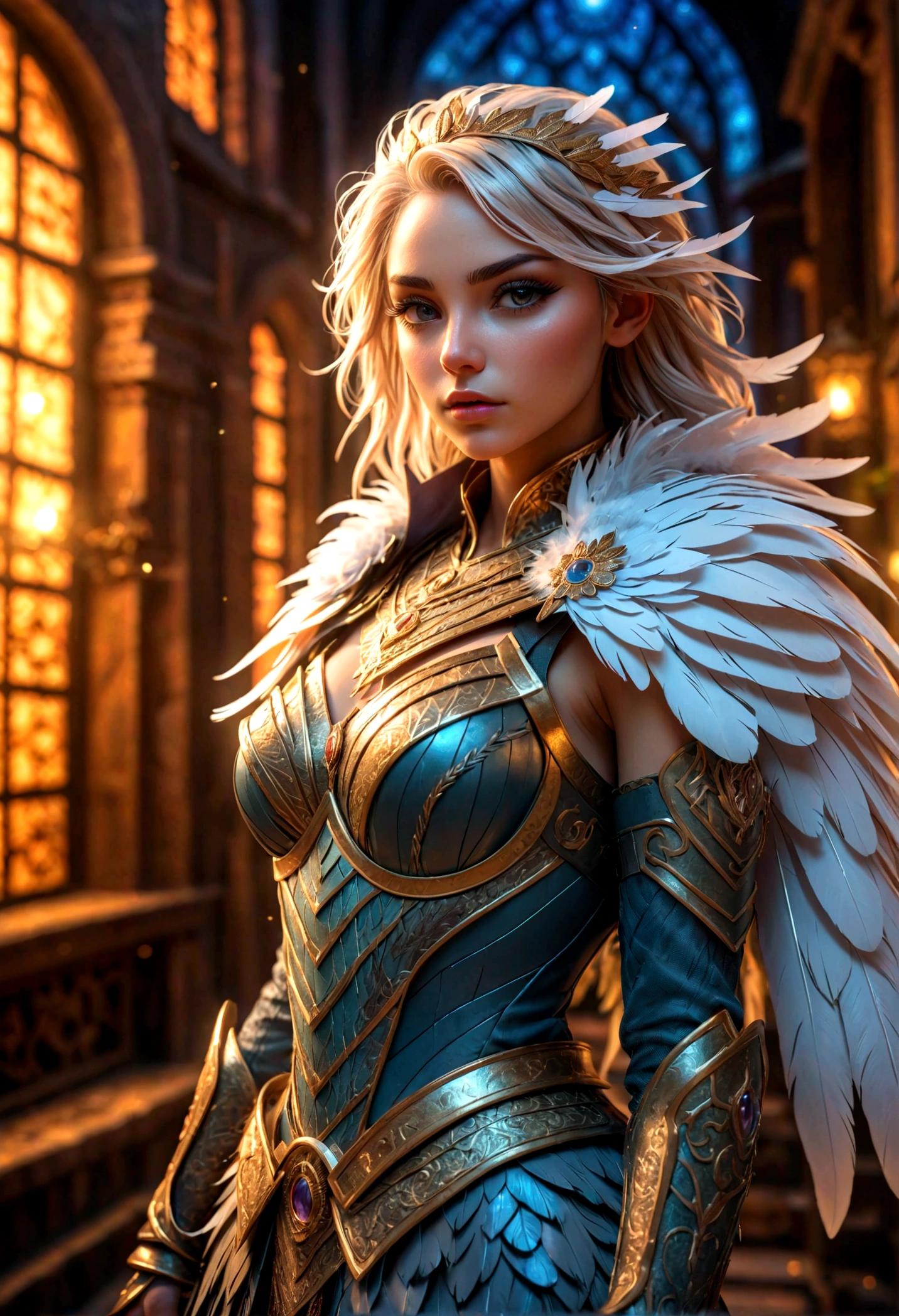Revelation, 1 Girl, Feather Armor, night, Spatial refraction, Intricate details, Ultra Detailed, epic art, (HDR:1.4), (Soft colors:1.4), Lenses, Doomsday building background