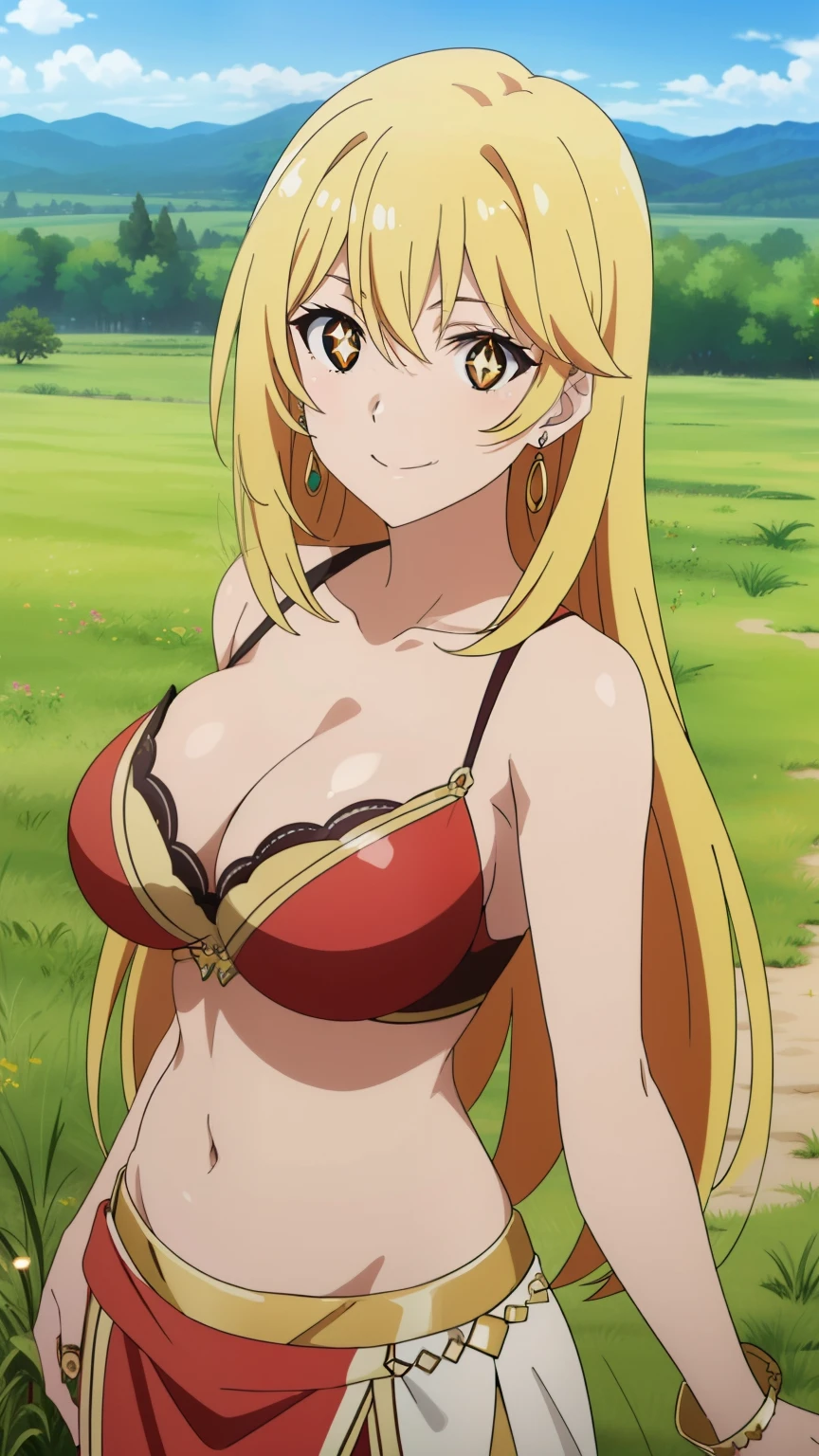 (highest quality, High resolution, 8k, masterpiece: 1.2), Very detailed, (Anime), Misaki Shokuhou, orange eyes, (pupils sparkling:1.2), Beautiful character design, Perfect eyes, Perfect face, Expressive eyes, Perfect balance, smile, blonde, Long Hair, large breast, (bellydancer, exposure, Cleavage, Earrings, accessories, Grassland:1.2), looking at the camera,(cowboy shot), The gaze camera focuses on the center of the image,