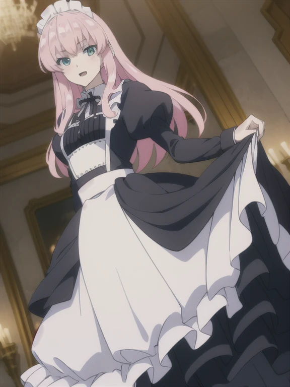 ((Best quality))), ((Ultra-detailed)), ((illustration)), ((Disheveled hair)), ((frilld)), (1 girl), (Solo),
1girl, lifted_by_self, looking_at_viewer, open_mouth, solo, rating:safe, apron, black_footwear, black_shoes, clothes_pull, clothing, :d, female, footwear, legwear, long_hair, maid, maid_apron, makaria, open-mouth_smile, puffy_sleeves, shoes, skirt, skirt_hold, skirt_lift, skirt_pull, maid_skirt, smile, standing, white_legwear,
pink_hair,aqua_eyes,