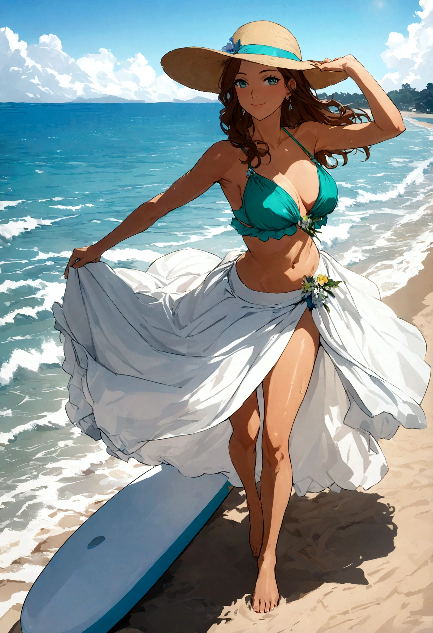 In this fascinating image, Emma Rodriguez, a 26-year-old woman, enjoys an afternoon on the beach, immersing herself in the life of a millionaire with elegance and youthful style. Her straight brown hair shines in the sun, falling softly over her shoulders, and a cheerful smile illuminates her face, highlighting her rosy cheeks and emerald green eyes. Her tanned skin glows, accentuated by sunlight, and her slim, toned figure reflects her dedication to a healthy, active lifestyle.

Dressed in a summery and modern ensemble, consisting of a turquoise designer bikini that highlights her tan and a light white linen sarong skirt, her style reflects her love for fashion and her relaxed attitude. . Wearing elegant gold-rimmed sunglasses and a wide-brimmed natural straw hat, she walks gracefully along the seashore, her bare feet sinking slightly into the warm sand.

The photograph, captured in 8K HD, highlights every detail of the beautiful coastal landscape, from the waves gently crashing on the shore to the clear blue sky. Emma, ​​with her elegant and natural posture, is shown enjoying a ride on a paddle surf board. Her fluid and confident movements demonstrate her dexterity and adventurous spirit as she maintains balance on the calm waves. With a charming smile and a bright look, which reflects her joy and freedom, she embodies the free and fun spirit of a life full of luxury and excitement.

The image perfectly captures the combination of youth and sophistication, showing Emma in a moment of pure fun and style. Her captivating charisma and elegant demeanor embody the essence of a millionaire's life, always at the forefront of fashion and the coolest activities, fully enjoying every moment in the paradisiacal beach setting.