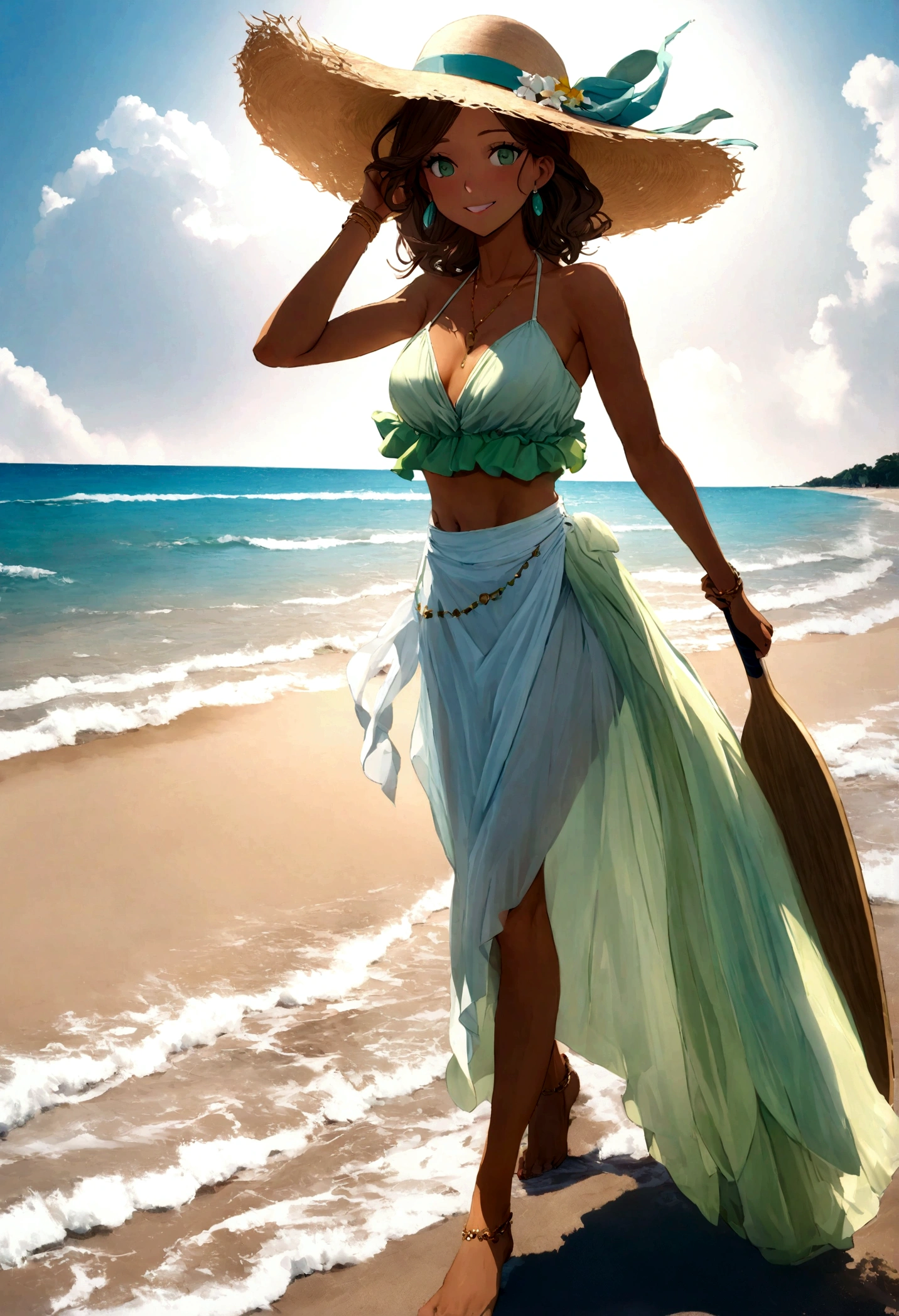 In this fascinating image, Emma Rodriguez, a 26-year-old woman, enjoys an afternoon on the beach, immersing herself in the life of a millionaire with elegance and youthful style. Her straight brown hair shines in the sun, falling softly over her shoulders, and a cheerful smile illuminates her face, highlighting her rosy cheeks and emerald green eyes. Her tanned skin glows, accentuated by sunlight, and her slim, toned figure reflects her dedication to a healthy, active lifestyle.

Dressed in a summery and modern ensemble, consisting of a turquoise designer bikini that highlights her tan and a light white linen sarong skirt, her style reflects her love for fashion and her relaxed attitude. . Wearing elegant gold-rimmed sunglasses and a wide-brimmed natural straw hat, she walks gracefully along the seashore, her bare feet sinking slightly into the warm sand.

The photograph, captured in 8K HD, highlights every detail of the beautiful coastal landscape, from the waves gently crashing on the shore to the clear blue sky. Emma, ​​with her elegant and natural posture, is shown enjoying a ride on a paddle surf board. Her fluid and confident movements demonstrate her dexterity and adventurous spirit as she maintains balance on the calm waves. With a charming smile and a bright look, which reflects her joy and freedom, she embodies the free and fun spirit of a life full of luxury and excitement.

The image perfectly captures the combination of youth and sophistication, showing Emma in a moment of pure fun and style. Her captivating charisma and elegant demeanor embody the essence of a millionaire's life, always at the forefront of fashion and the coolest activities, fully enjoying every moment in the paradisiacal beach setting.