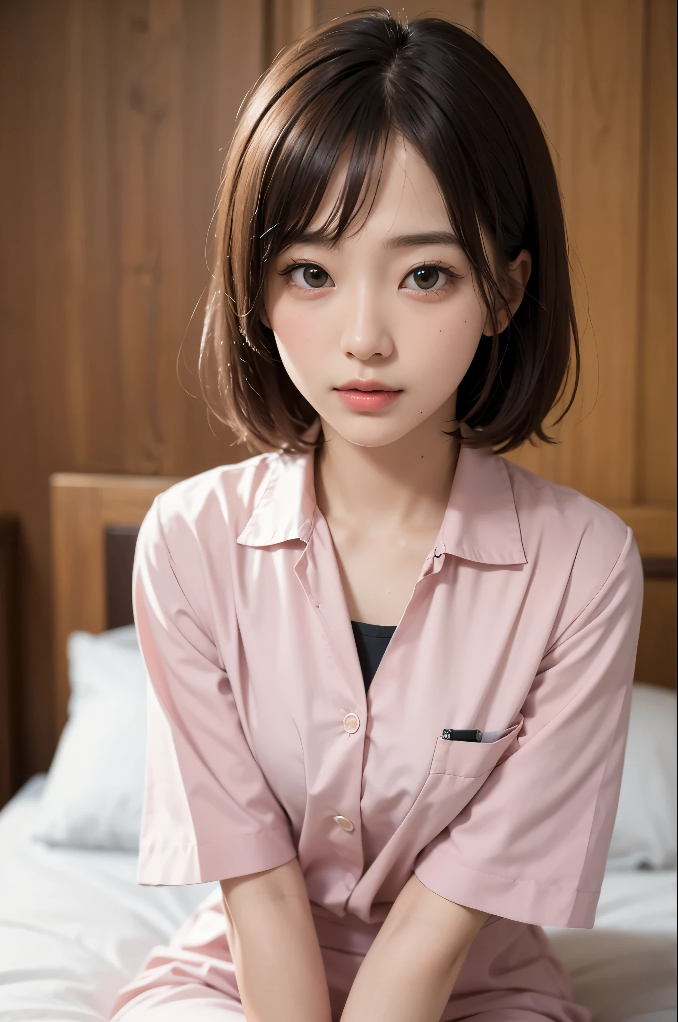 (High resolution、8k:1.3)、(highest quality、Ultra-realistic as a photo:1.3)、(masterpiece:1.3)、Very nice finish、Sharp focus, 超High resolutionの顔、The face is in focus、Ultra high definition and beautiful eyes、Eyes are symmetrical:1.3、High quality and beautiful skin、Firm Skin、Japanese Girls, very cute、18-year-old、(nurse、nurse), (白いnurse服、白いnurseの制服), Sitting、On the bed、Thighs、very cute、Natural Makeup, Glossy lips、(Wet eyes:1.1), (blush:1.3), (Embarrassing:1.3)、short hair, messy hair, Staring at the audience, (Hide your chest with your own arms:1.2)