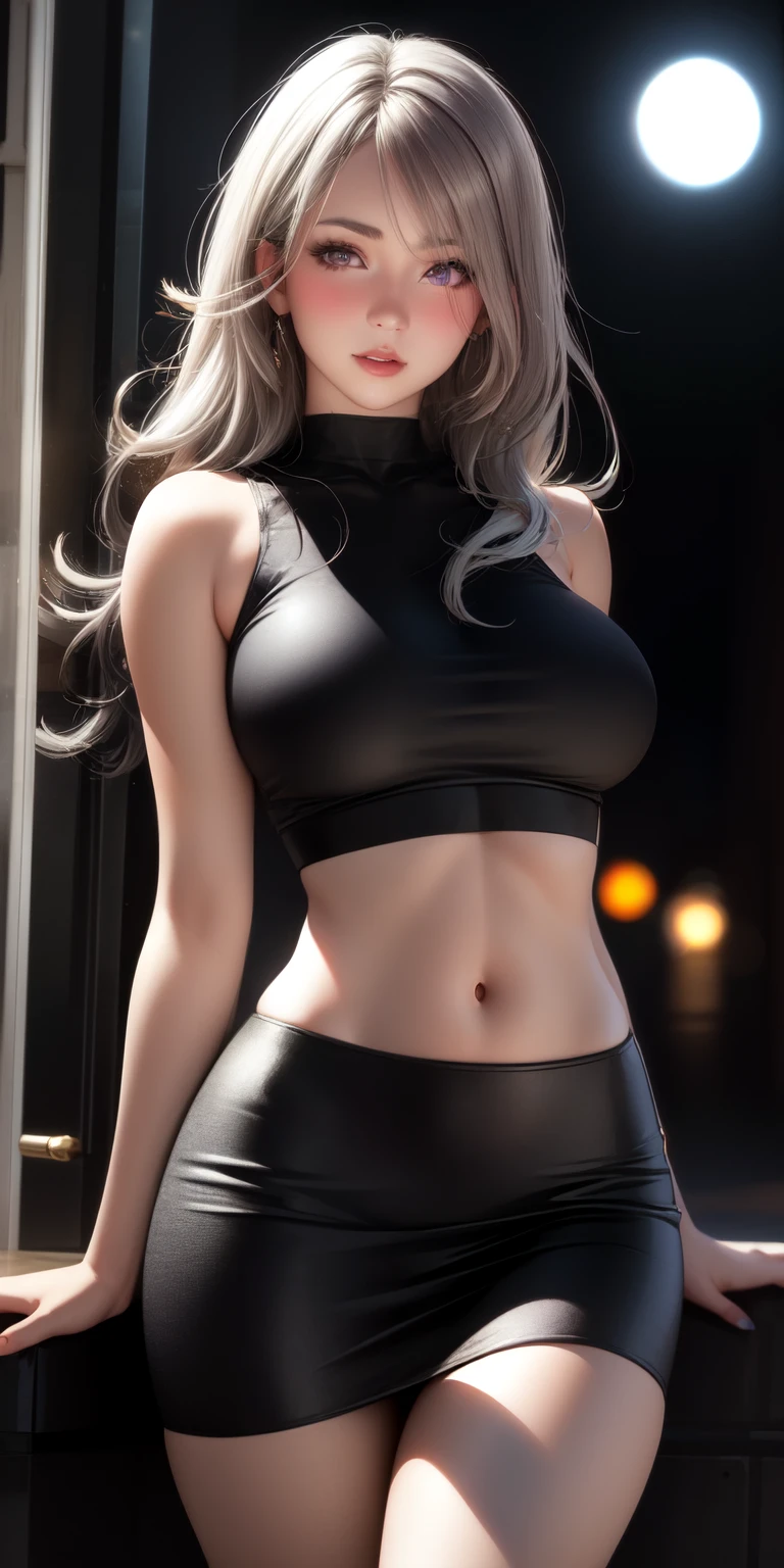 Realistic, One girl, Gray Hair, Purple eyes, Glowing Eyes, Crop top, skirt, Lips parted, blush, night, Flowers, sun, sunlight,