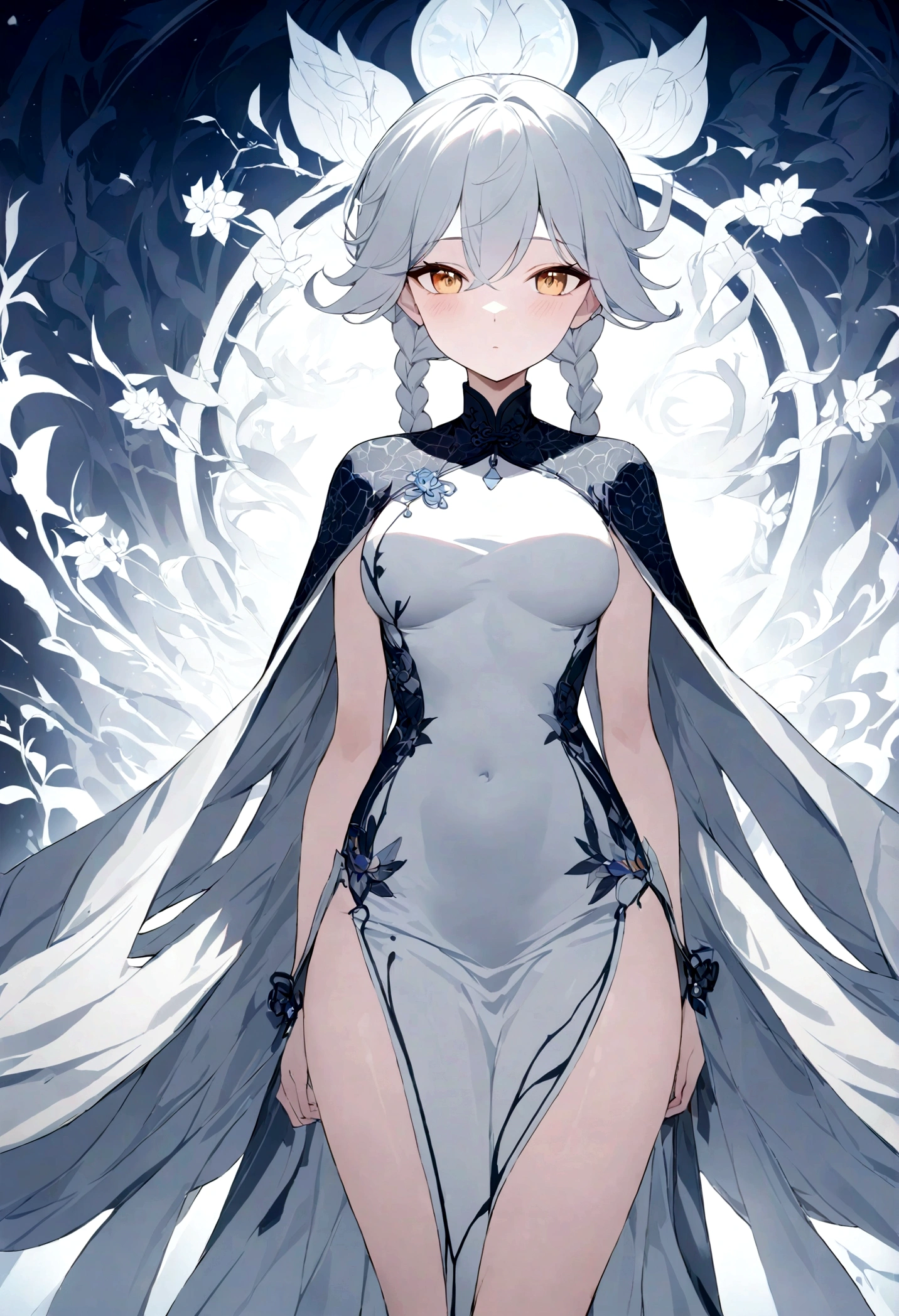 Genshin Impact，Shen He，girl，Cold and beautiful aunt，Oval face，A long white braid，Perfect body，Black and white Chinese cheongsam，Dignified and intellectual，Second Dimension，Octane Rendering，masterpiece，Highest quality，Ultimate details,8K resolution