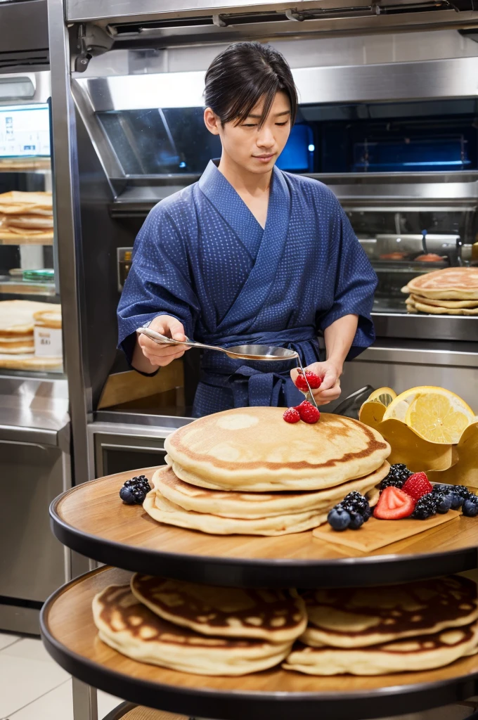 Space station cafeteria、Machine-made pancakes、Berry、Man eating breakfast、kimono、Asian、future、Reality、fine