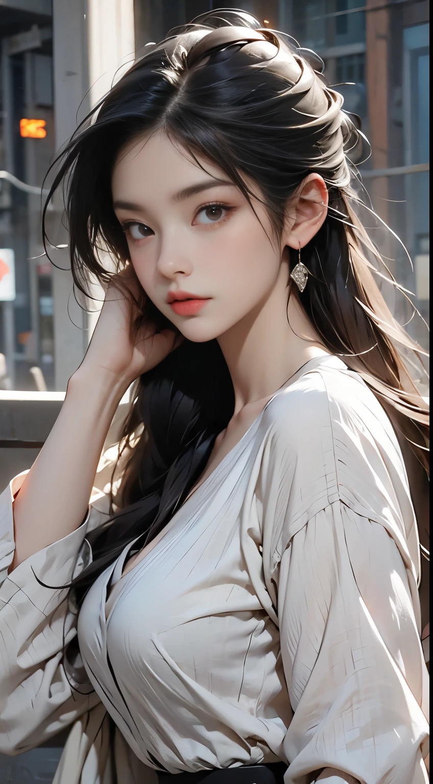 Beautiful and attractive woman in fashion trends, Gentle and attractive Chinese beauty, Delicate and sexy collarbone, Attractive oval face, double eyelid, Clever pink eyes, Pink Lips, Small Nose, Exposing shoulders, Focus on the face, Face close-up, Ultra high definition, Very detailed, The white off-the-shoulder shirt matches perfectly with the light blue slit skirt., Fresh and impressive