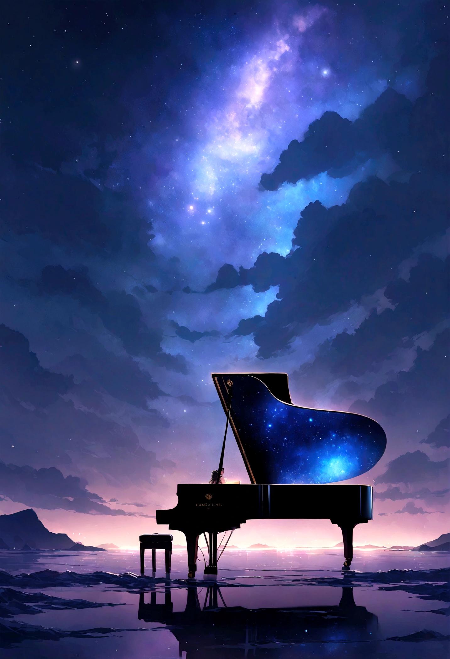 night、Endless lakes、星がいっぱいのnight空、Grand piano on the lake、Illuminated grand piano、Best image quality、theory、Beauty、Headphones