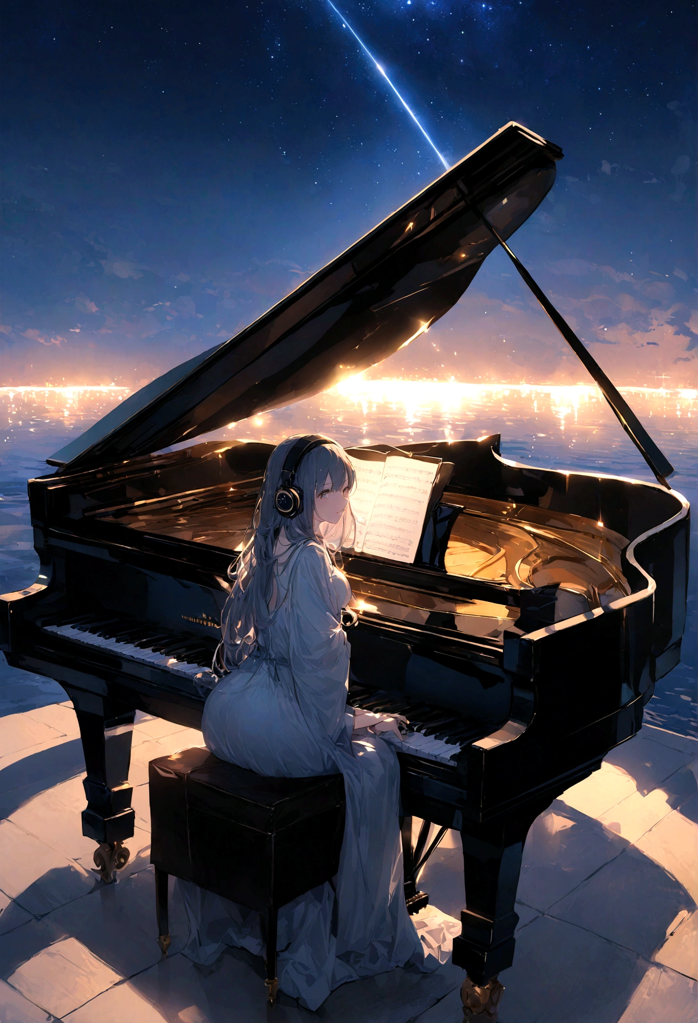 night、Endless lakes、星がいっぱいのnight空、Grand piano on the lake、Illuminated grand piano、Best image quality、theory、Beauty、Headphones
