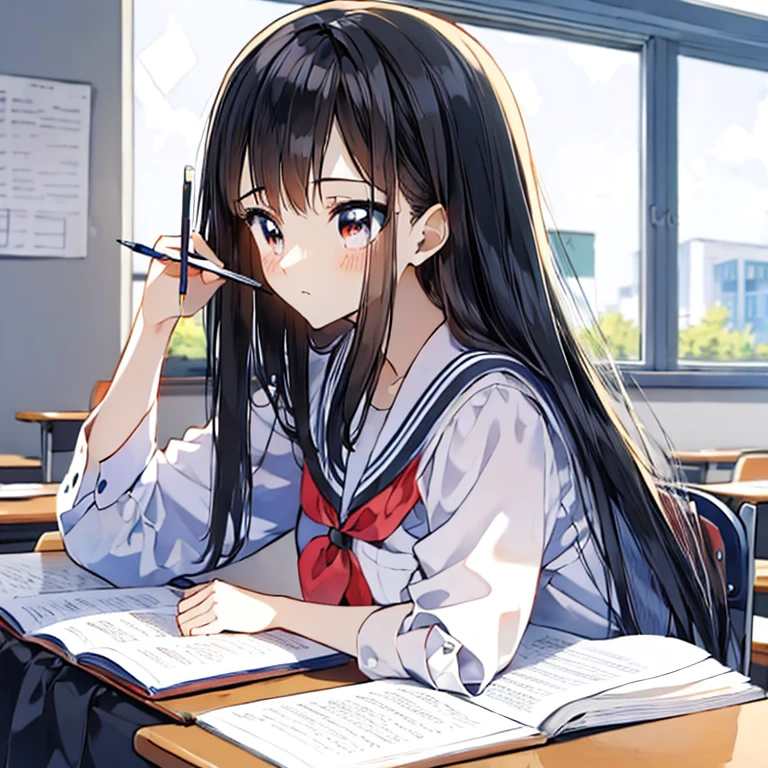 (masterpiece, best quality:1.2), 1 anime girl with long black hair ,school,(exam:1.3),classroom,study,perfect face, huge class, having a pencil, writing, taking a note 