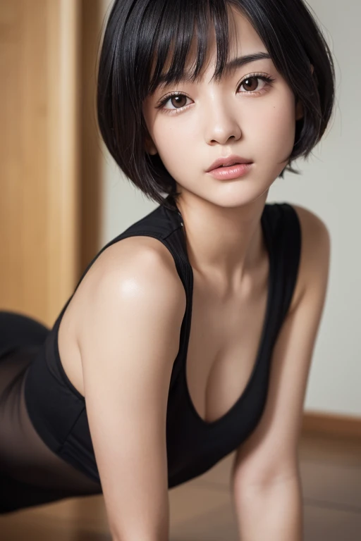 (High resolution:1.3), (16k, Photorealistic, Raw photo, Best image quality: 1.4), Japanese, (One Girl), Beautiful Face, (A vivid face), (Black-haired、short hair:1.3), Beautiful Hairstyles, Realistic eyes, Beautifully detailed eyes, (Realistic Skin), Beautiful skins, attractive, 超A high resolution, Surreal, High detail, Golden Ratio, Highly detailed cute girl,(20-year-old), crawl on all fours, seminude