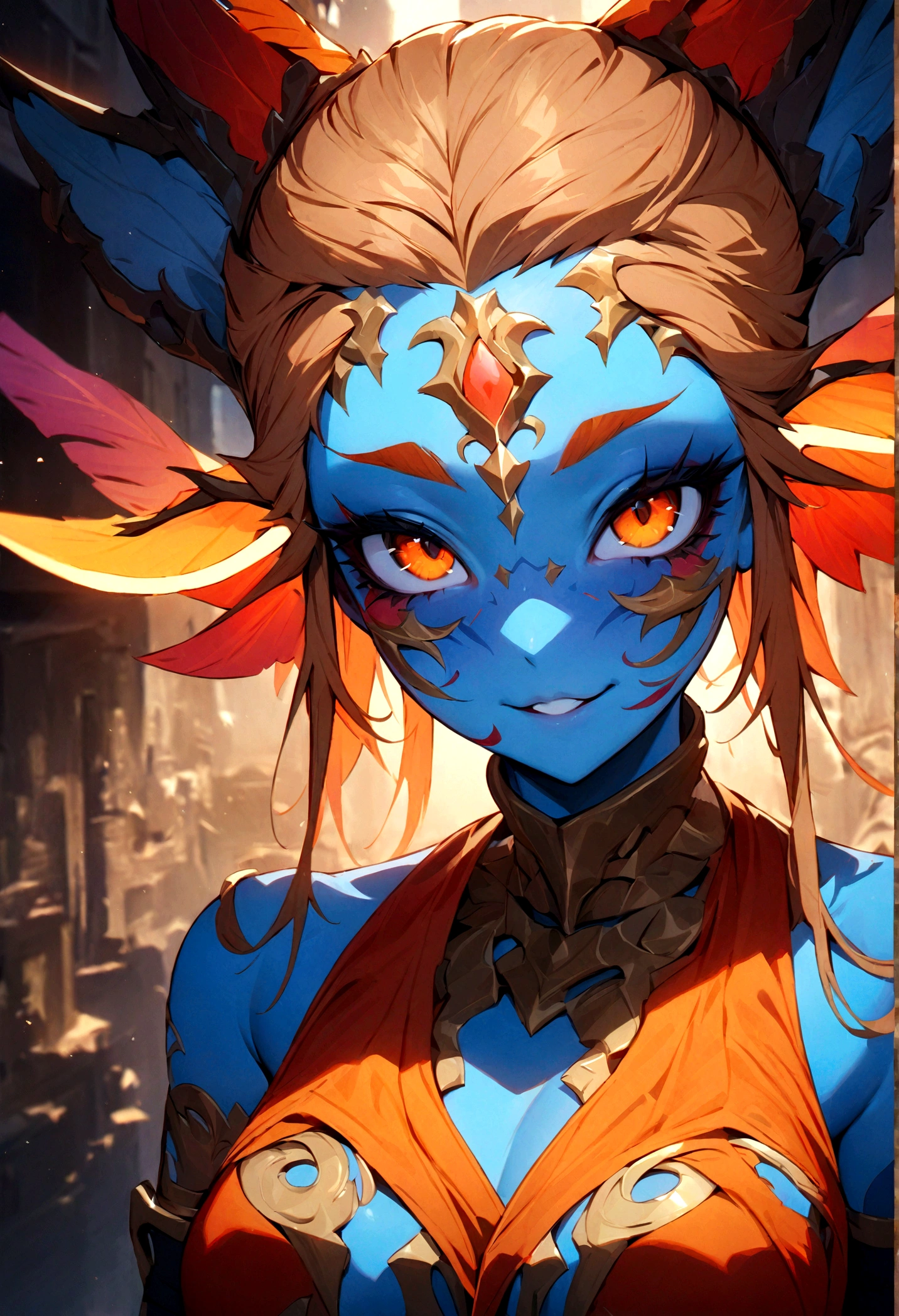 (((masterpiece))), (((best quality: 1.4))), ((Super Detail: 1.4)) , An extremely detailed gouache painting of a female tiefling, Gorgeous exotic style, Amber neon eyes:1.5, Orange Hair, Extremely detailed facial features, Expressive face, Detailed texture, Blue skin tone, Tattoo, Natural Skin Shader, Volumetric method, Warm undertones in the skin, Ultra-high resolution