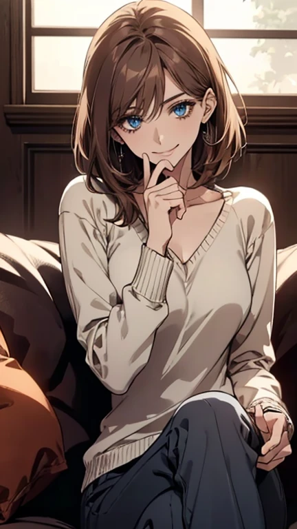 (highest quality,High resolution,Very detailed),1 girl, Beautiful and elegant light blue eyes, Brown Hair, Cold Smile,Medium Hair,pants,Wearing a white V-neck sweater, Mature Woman, Age 27,Cruel smile, Calm and Calm,Slim figure, Pale complexion, thin, Calm, Sitting on the sofa,Talking,Mug