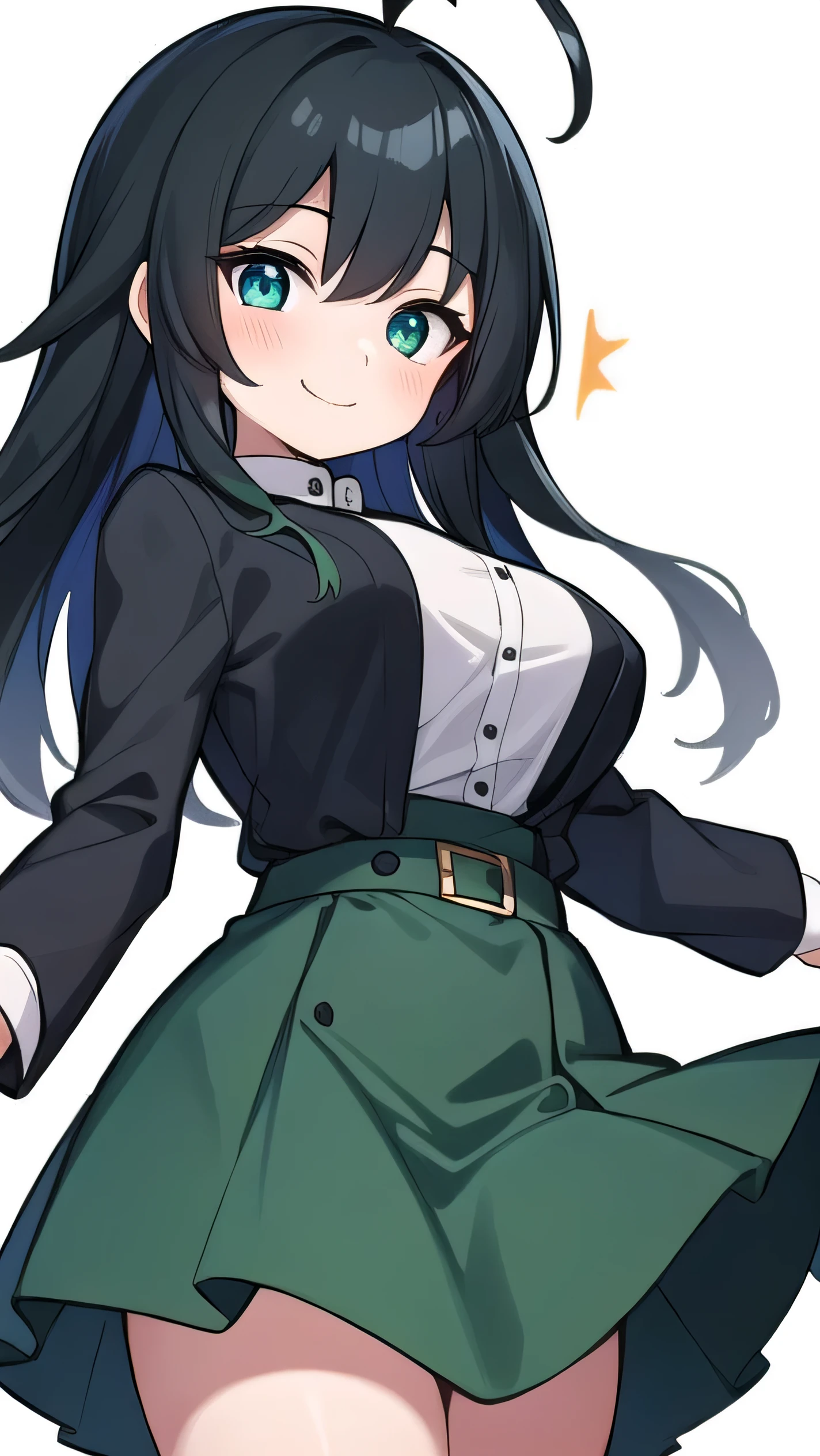 high schoolooks like an elementary school st short, 140 cm tall, black slight green tinge, short ahoge, beautiful long hair but with a little hair sticking out, beautiful round eyes, blue eyes, smile, boyish, long sleeves, Thick clothes, skirt, big breasts, hair longer than waist, long hair, childish face, gentle smile, a little shy, black skirt, black hair with a slight green tinge, boyish, gentle smile, jacket one size larger, ( Deep greenish black hair: 1.3)