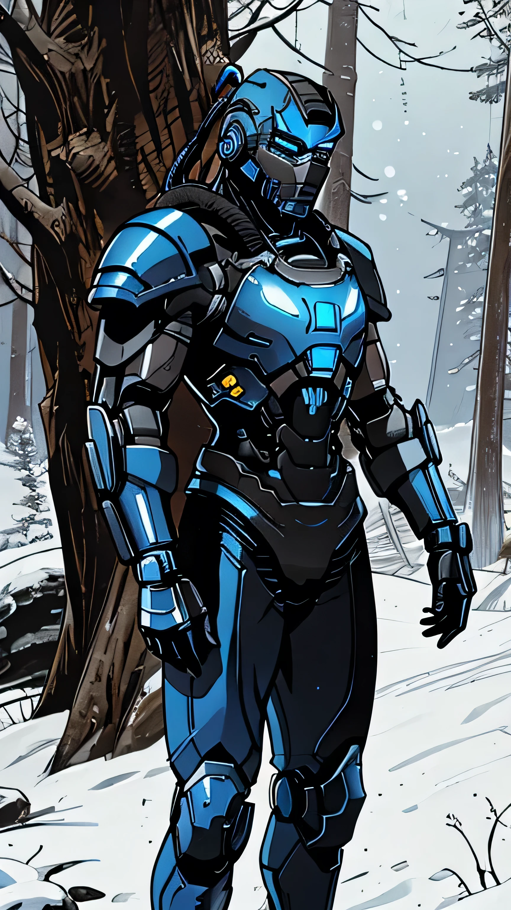 Sub-Zero from Mortal Kombat, zxcrx, cyborg ninja, sleek (blue and black armor:1.5), various robotic components, his face is covered by a helmet with a glowing ligh blue visor, ice blades, cold, ice, snow, winter, 1man, solo, full body view, front view, looking at viewer, intricate, high detail, sharp focus, dramatic, photorealistic painting art by greg rutkowski