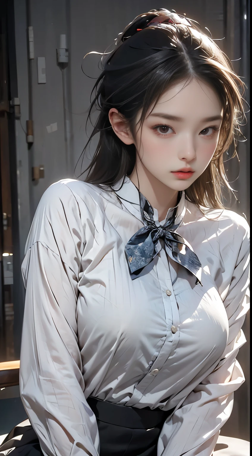 (One girl:1.3), alone, __Body parts__ Delicate and realistic skin, Pale skin, big, Official Art, Unified 16k wallpapers, Super detailed, beauty and aesthetics, beauty, masterpiece, highest quality, In Cyberpunk City, Great atmosphere, A calming color palette, Peaceful mood, Soft Shadows, Flight attendant uniform, Glamour, huge firm boucing bust