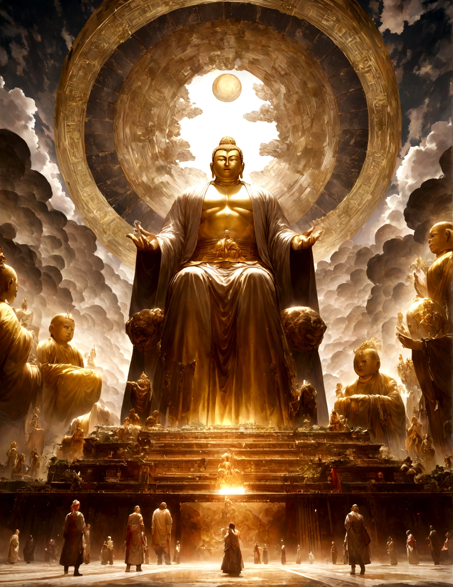 ((On the table)),(The best quality at its best)),Chinese style,In heaven, Clouds form a giant transparent image、Transparent white jade Maitreya Buddha statue,Thick Clouds,The sun shines,Pilgrims' Path,Ultra-realistic,Ultra-realisticな写真,pink,8k,Kilo,high quality,Masterpieces,Ultra-detailed,(((Overclocked Renderer)))、Golden Buddha