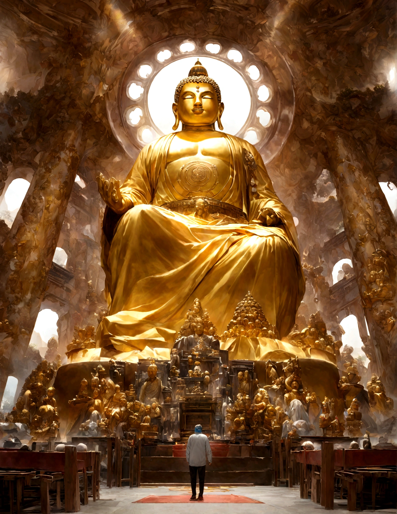 ((On the table))，(The best quality at its best))，Chinese style，In heaven, Clouds form a giant transparent image、Transparent white jade Maitreya Buddha statue，Thick Clouds，The sun shines，Pilgrims&#39; Path，Ultra-realistic，Ultra-realisticな写真，pink，8k，Kilo，high quality，Masterpieces，Ultra-detailed，（（（Overclocked Renderer）））、Golden Buddha