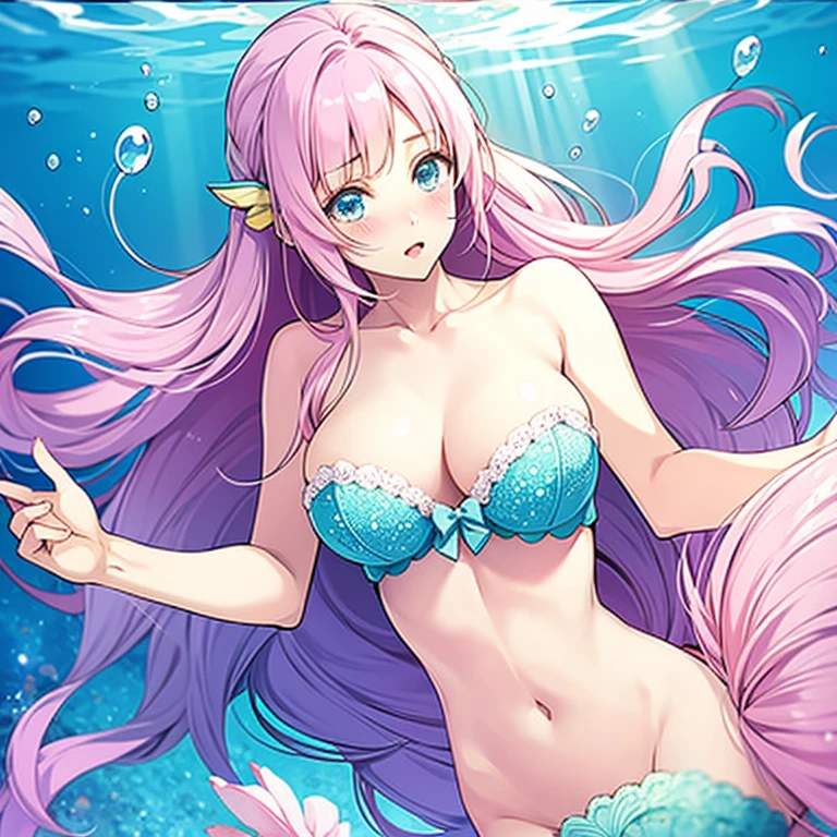 masterpiece, best quality,mature female, milf,looking at viewer,alluring, clean, beautiful face, shiny skin, skindentation,delicate pattern, intricate detail,
1girl,solo,mermaid, mermaid tail below waistline, pink mermaid tail, long hair, pink hair, purple eyes, fish ears, smile, upper body,maid hair ornament, bare shoulders,