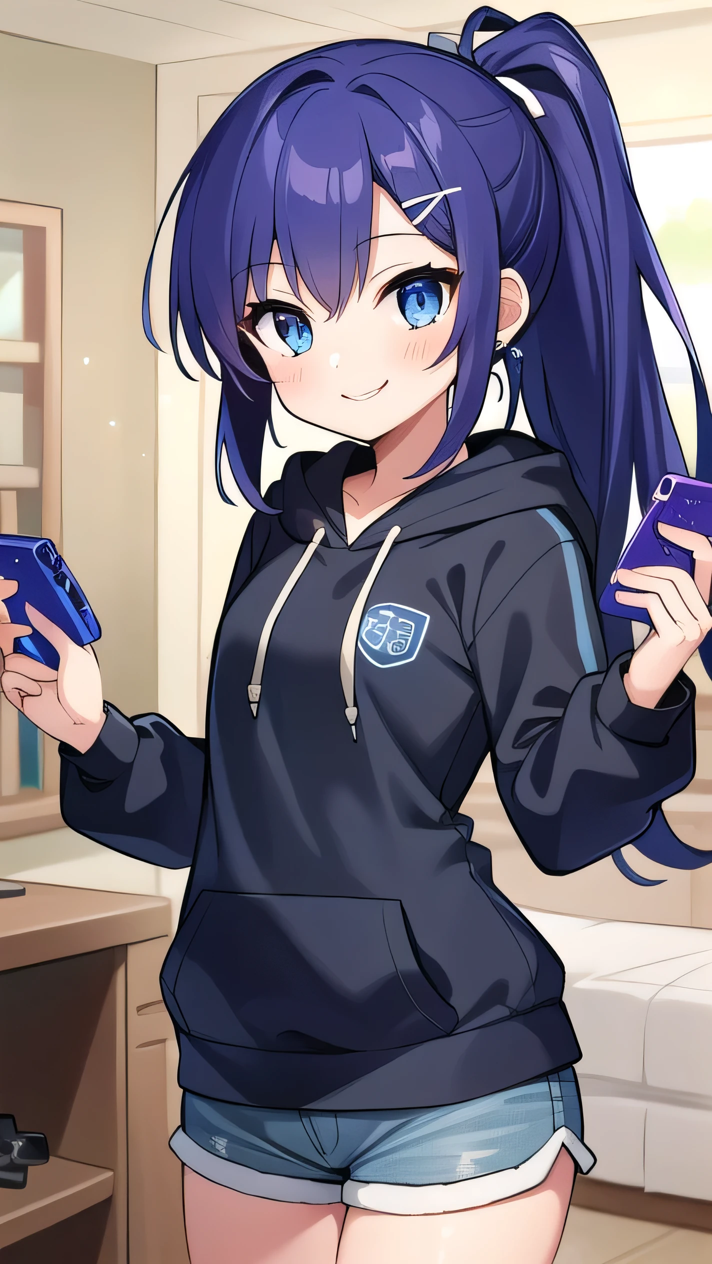 Blue-purple hair, dark blue eyes, long hair, ponytail, (hairpin:1.1), long-sleeved hoodie, ,small breasts,shorts, , 14 years old, short, sparkling eyes, owns a game console, confident, smiling a little There is,wearing earphones
