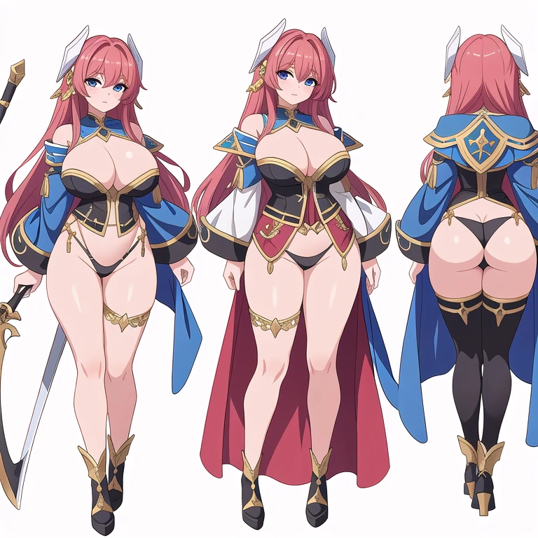 masterpiece, best quality, solo, milf, high fantasy outfits, ((white background)), full body, multiple views, thong, cleavage, holding weapon,