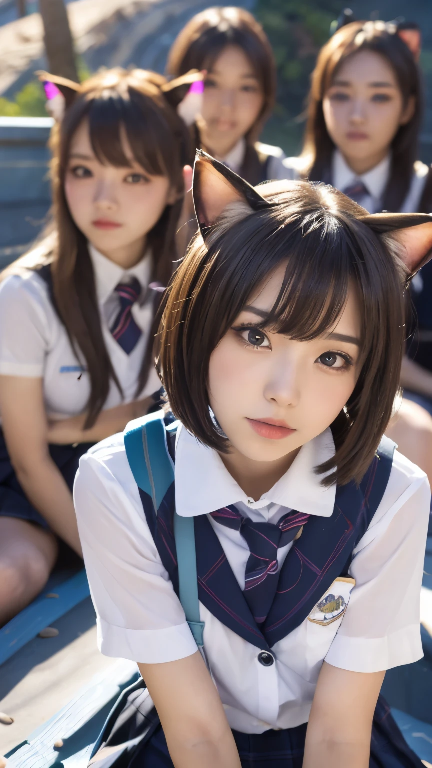 Masterpiece, 4k, Bokeh, beautiful face, Harem, (multiple girls:1.4), (Group Photo:1.5), (Cat ears:1.3), (bob hair:1.3), looking at the viewer, (rainbow:1.3), (Slope:1.8),(school uniform:1.4), closeup
