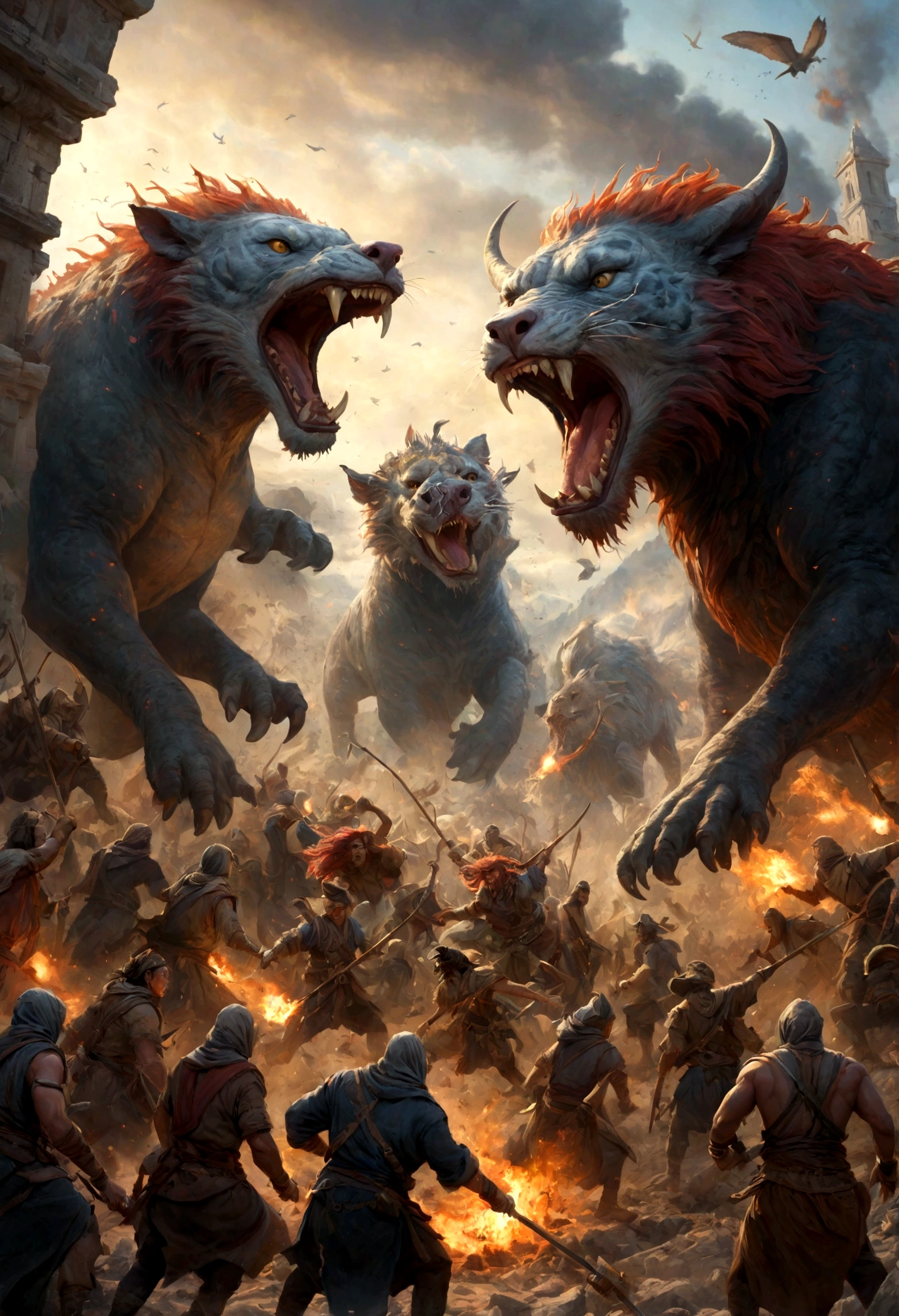 Image of two groups of people or creatures raiding and causing destruction to their surroundings. They can be depicted as fierce and uncontrollable figures