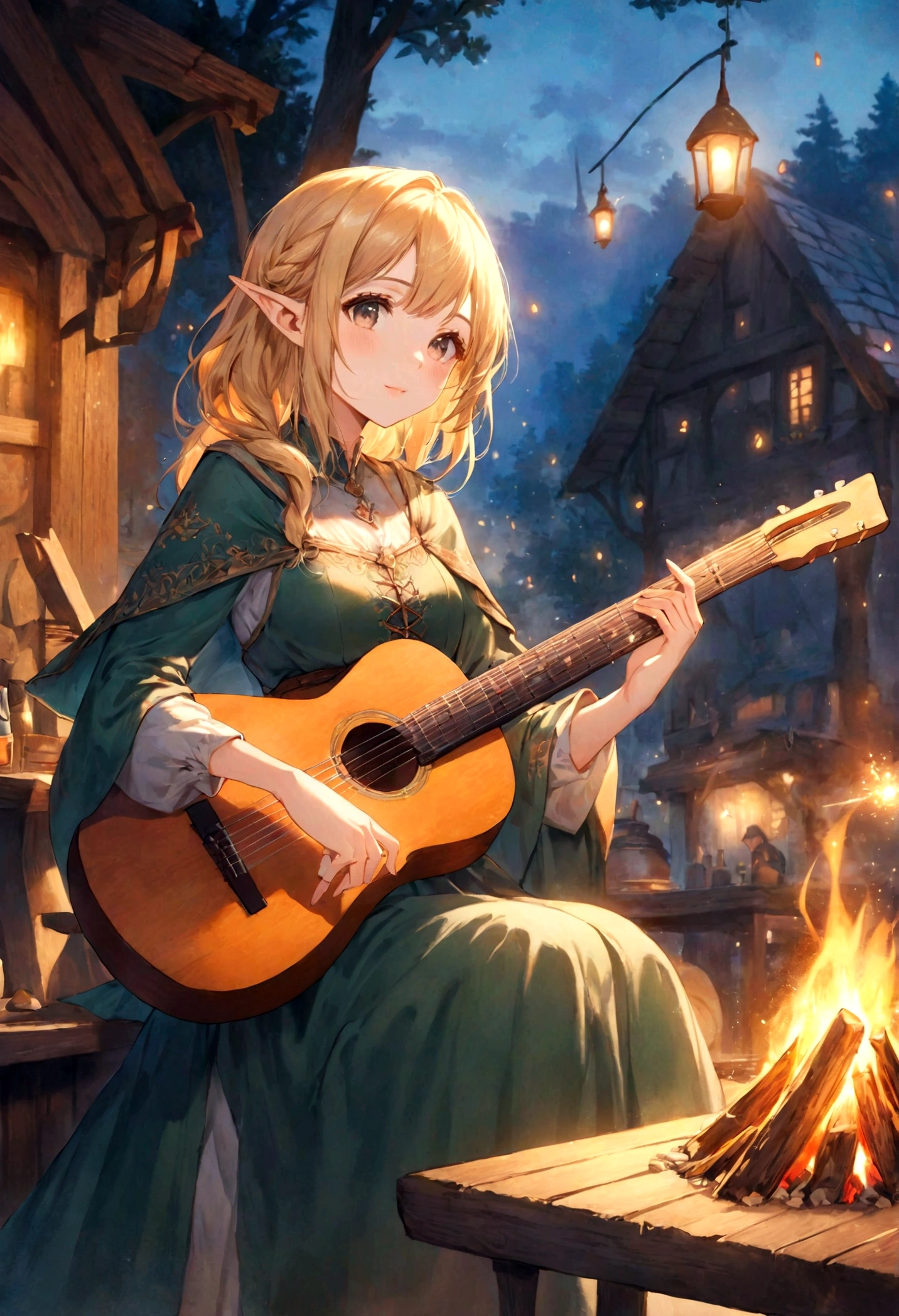 Pastel watercolor painting, fantasy game worldview, medieval European outdoor tavern, soft light, wooden counter, cute, adorable, animation style, relaxing atmosphere, dreamland, beautiful adult glamorous female elf playing wooden guitar, blonde hair, in front of a bonfire, night atmosphere, flying sparks, beautiful face, 8k, high resolution, ultra high quality, clear lines, animation style,