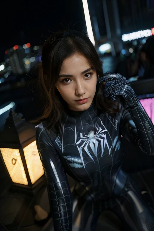 2girls,spider-girl costume,cosplay,yangon city,detailed face,beautiful eyes,detailed lips,beautiful detailed face,intricate costume design,dynamic pose,urban city background,neon lights,ultrarealistic,8k,hyper detailed,award winning art,vibrant colors,cinematic lighting,photorealistic