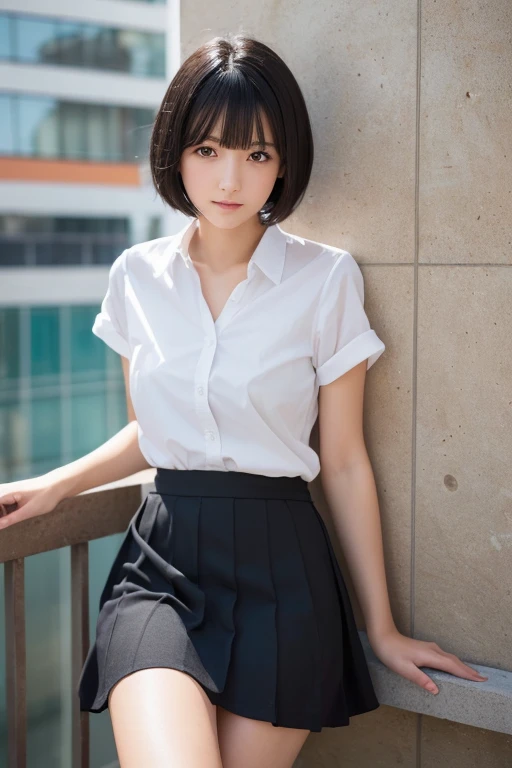 (Photos taken with a smartphone, real, soft light), Japanese, (One Girl), Beautiful Face, (A vivid face), (Black-haired、short hair:1.3), Beautiful Hairstyles, 細かく描かれたreal目, (Realistic Skin), Beautiful skins, attractive, Surreal, High detail, Golden Ratio, Highly detailed cute girl,(20-year-old), (upskirt:1.3)