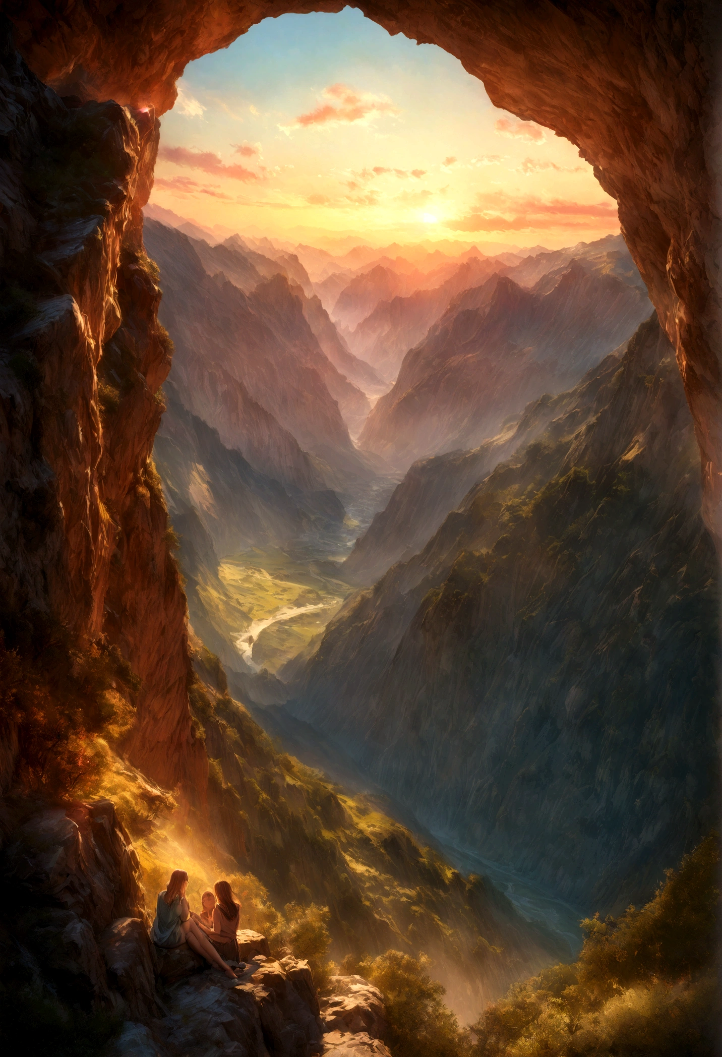 a romantic mountain landscape, a couple embracing on a cliff overlooking a breathtaking valley, sunset sky, dramatic lighting, vibrant colors, detailed foreground, intricate background, photorealistic, award-winning digital art, highly detailed, 8k, HDR, cinematic, masterpiece