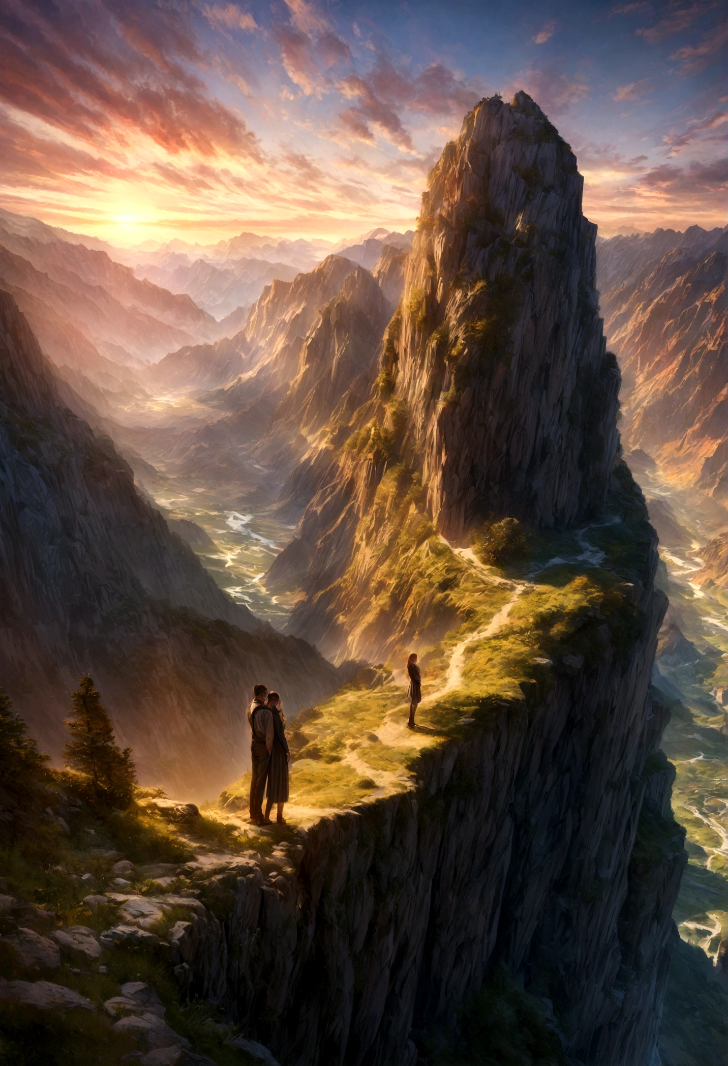 a romantic mountain landscape, a couple embracing on a cliff overlooking a breathtaking valley, sunset sky, dramatic lighting, vibrant colors, detailed foreground, intricate background, photorealistic, award-winning digital art, highly detailed, 8k, HDR, cinematic, masterpiece
